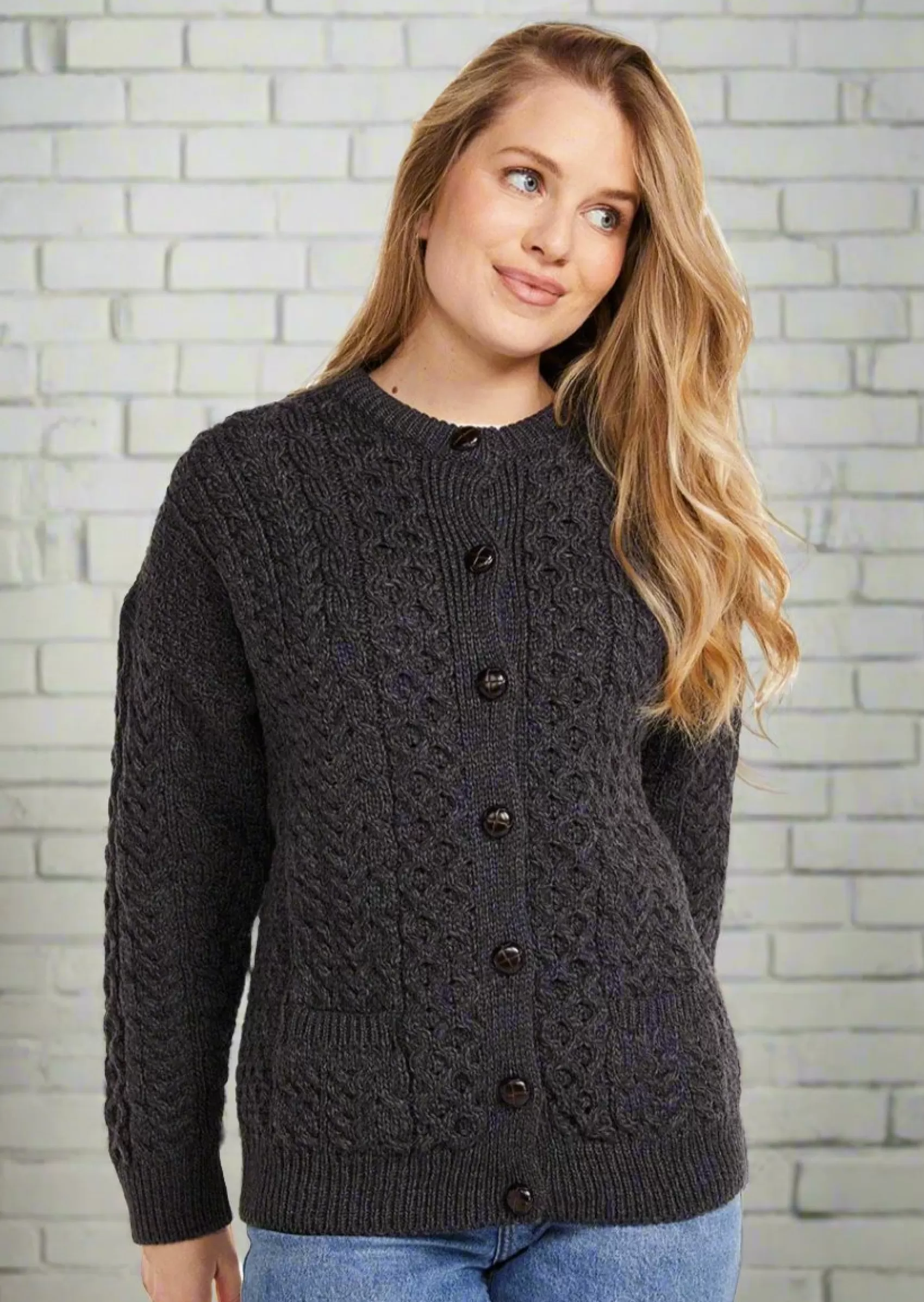 Aran Sweaters | Aran Cardigans^Aran Woollen Mills Achill Island Ladies Aran Cardigan | Charcoal