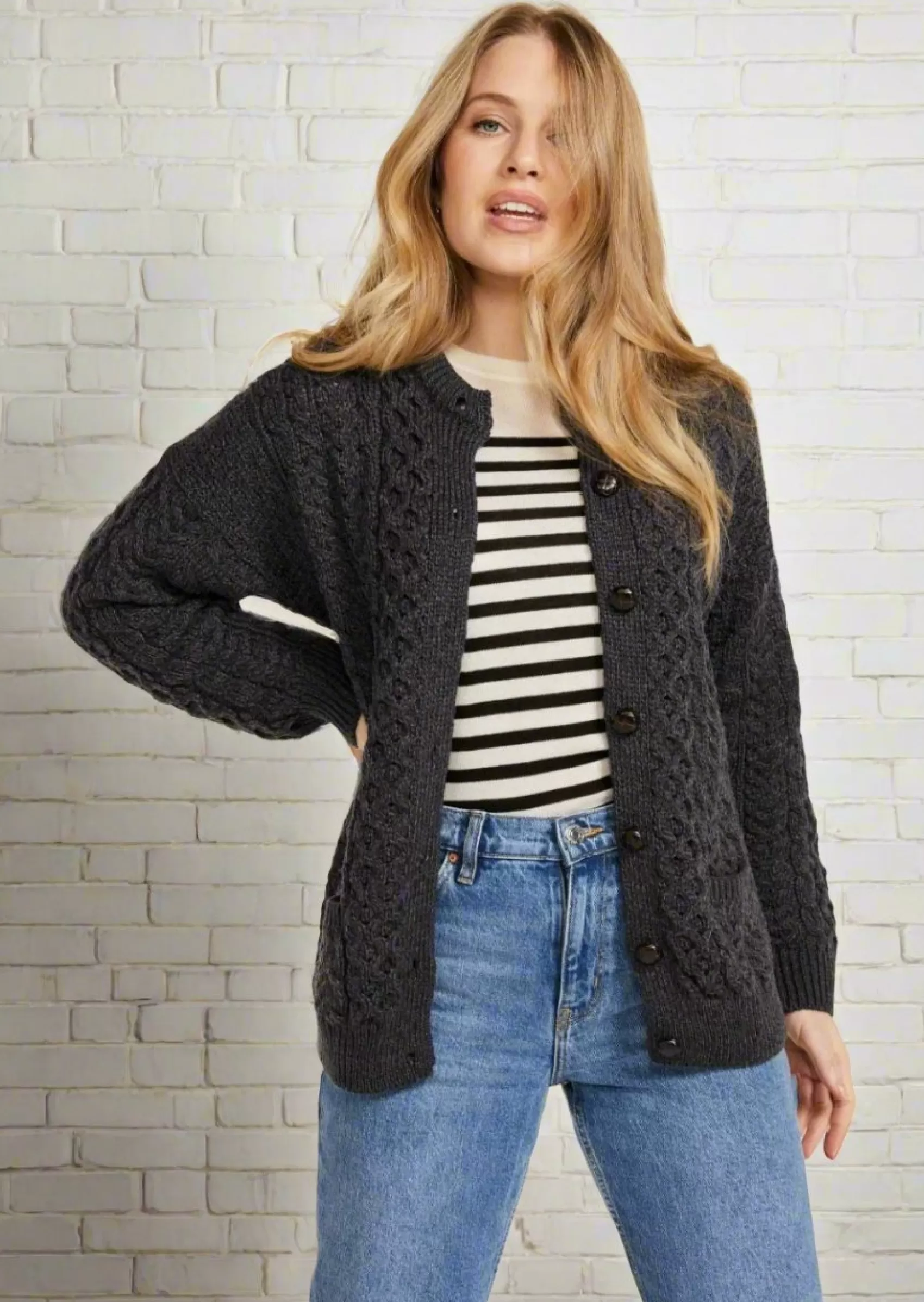 Aran Sweaters | Aran Cardigans^Aran Woollen Mills Achill Island Ladies Aran Cardigan | Charcoal