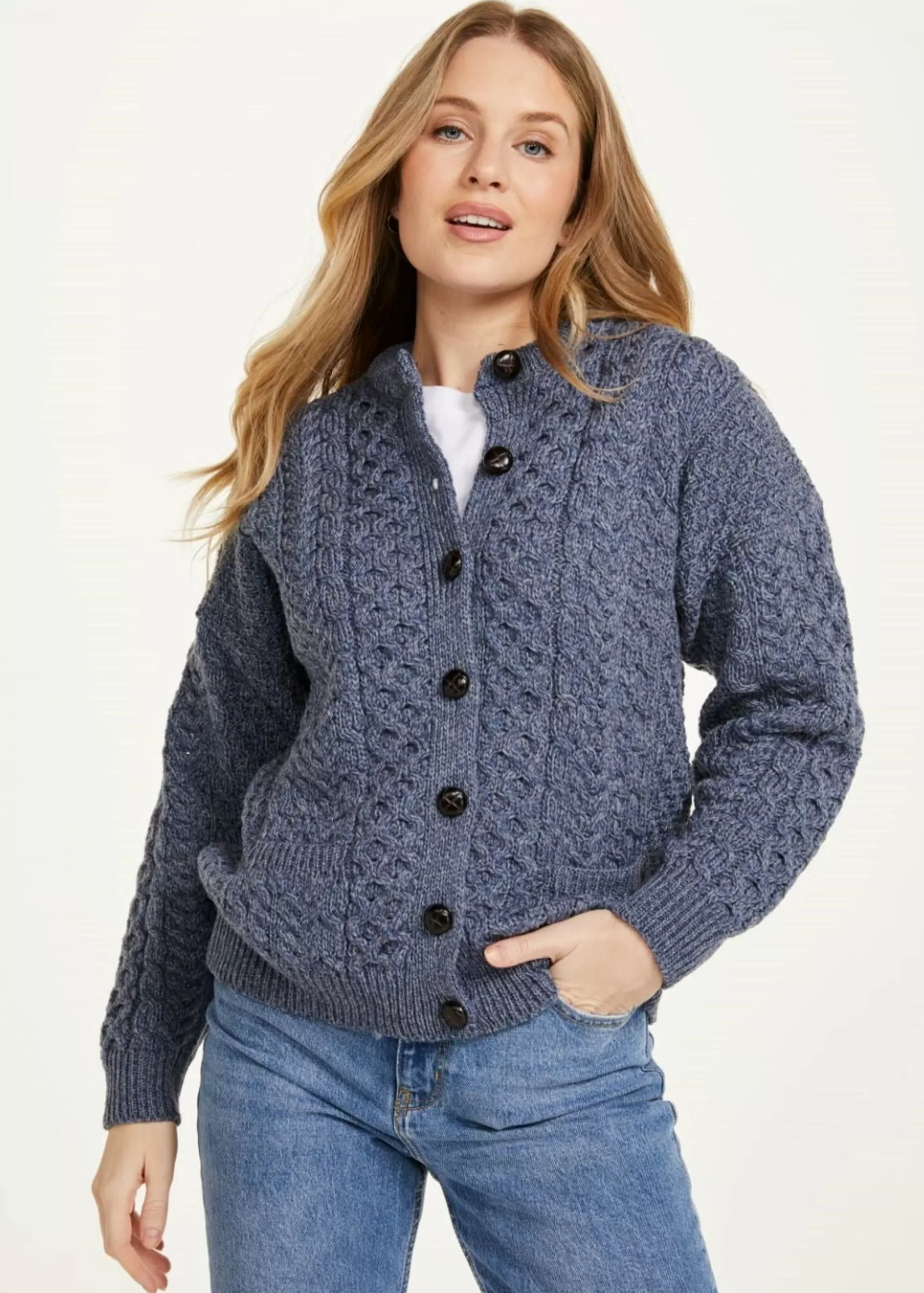 Aran Sweaters | Aran Cardigans^Aran Woollen Mills Achill Island Ladies Aran Cardigan | Denim