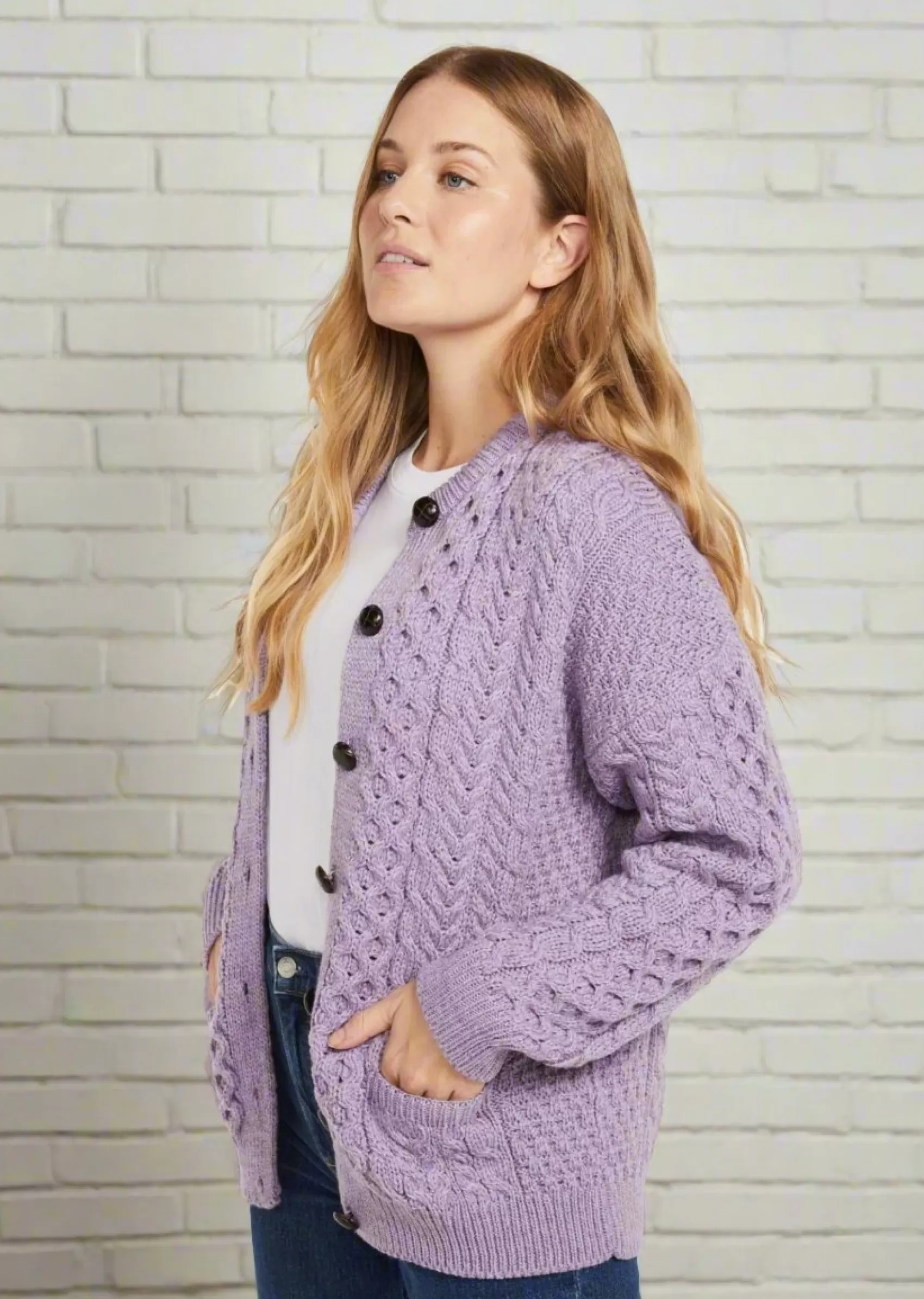 Aran Sweaters | Aran Cardigans^Aran Woollen Mills Achill Island Ladies Aran Cardigan | Lavender