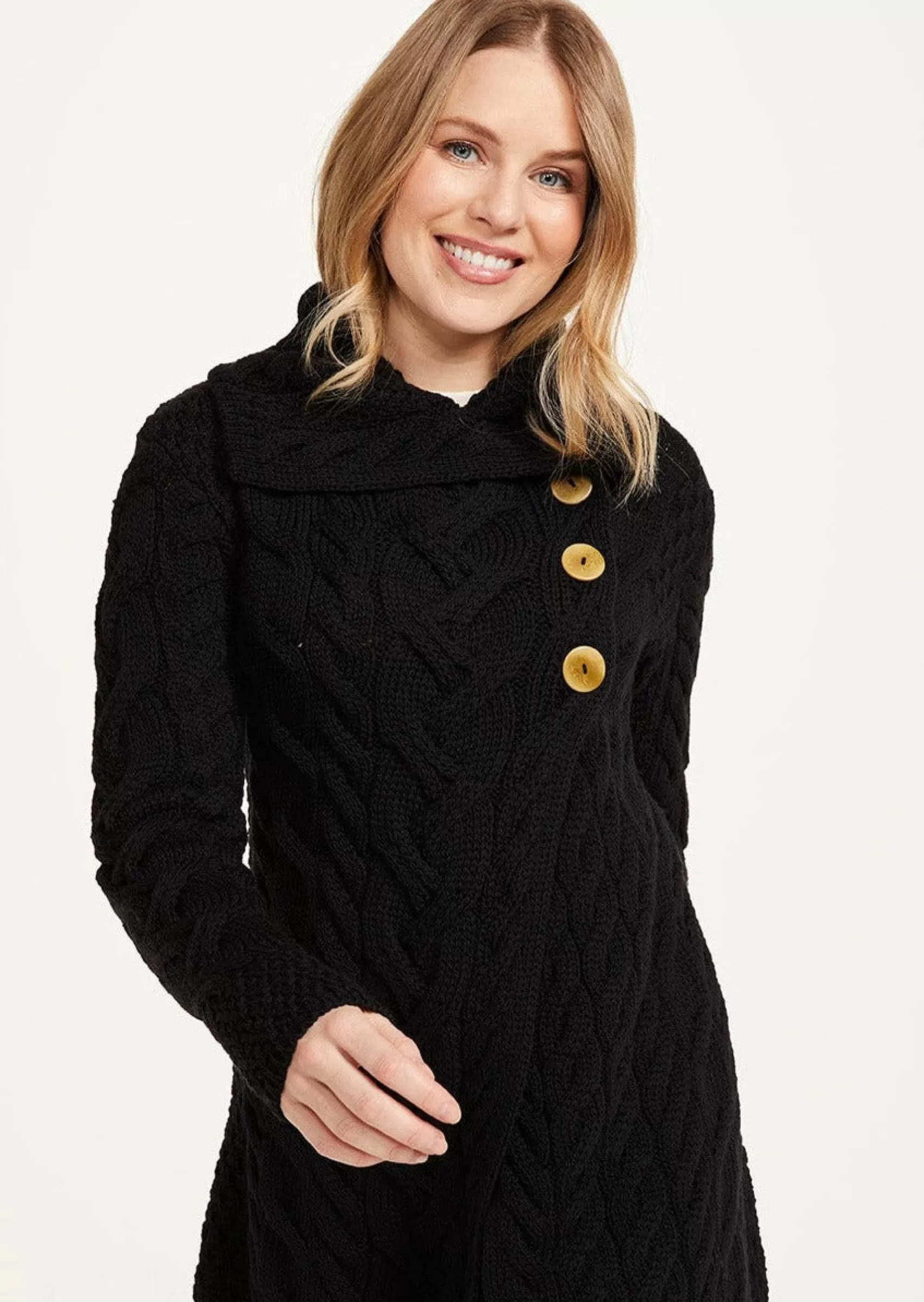 Aran Sweaters | Aran Cardigans^Aran Woollen Mills Aran 3 Buttoned Longline Cardigan | Black