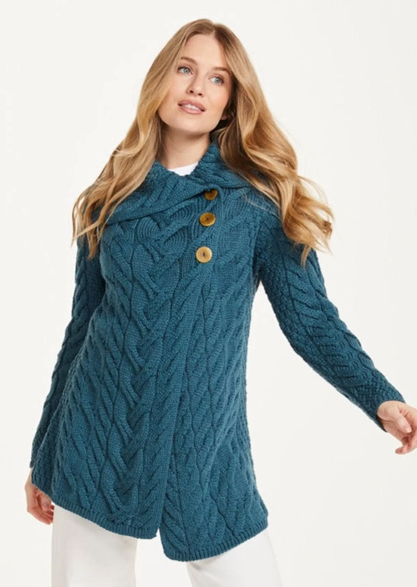 Aran Sweaters | Aran Cardigans^Aran Woollen Mills Aran 3 Buttoned Longline Cardigan | Irish Sea