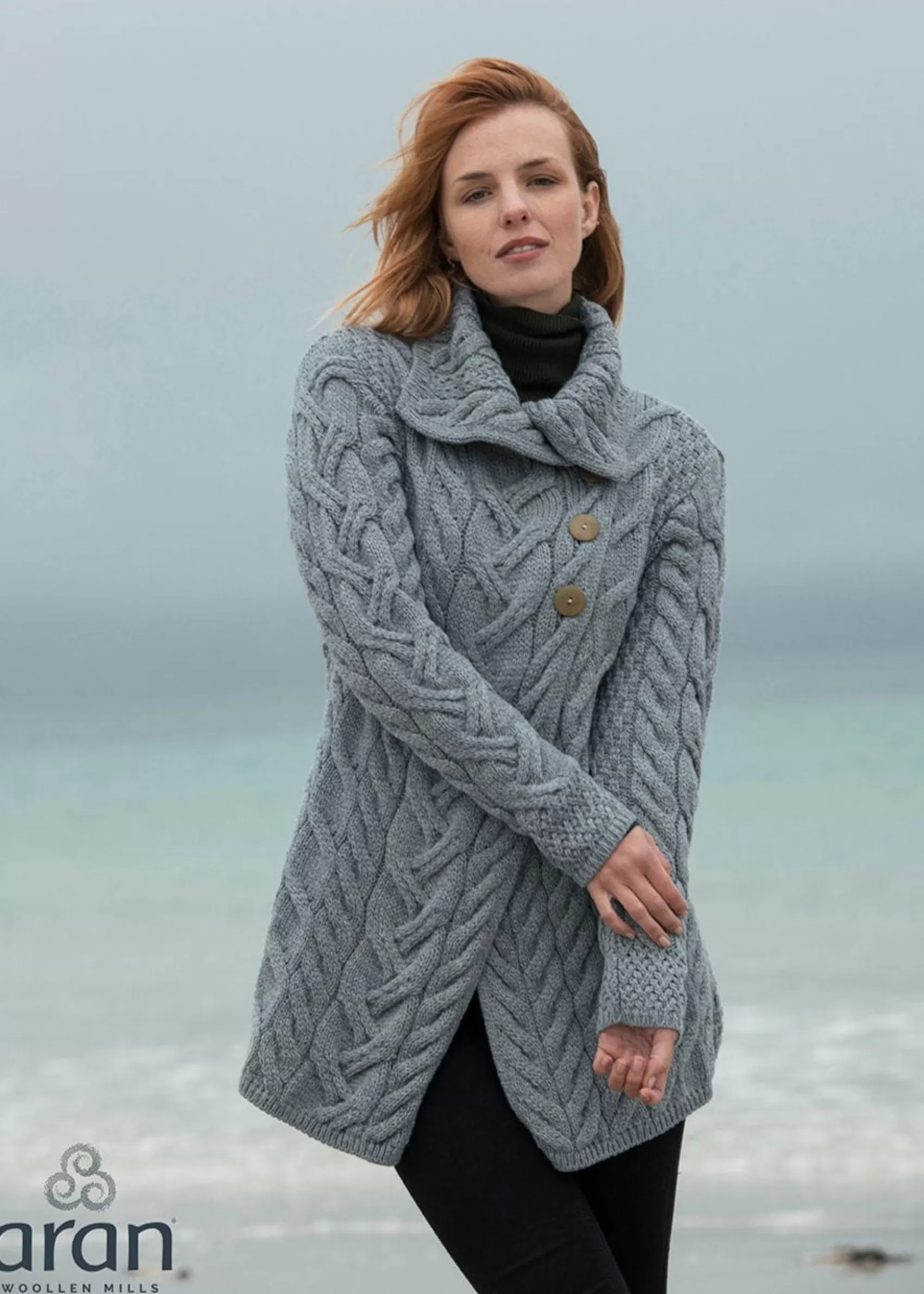 Aran Sweaters | Aran Cardigans^Aran Woollen Mills Aran 3 Buttoned Longline Cardigan | Ocean Grey