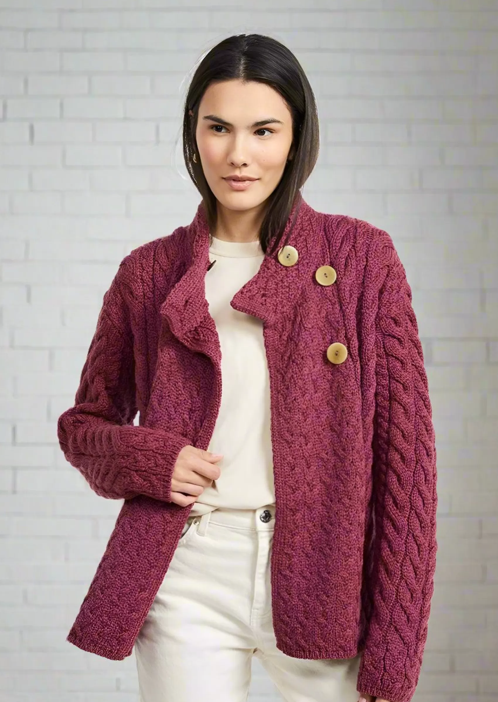 Aran Sweaters | Aran Cardigans^Aran Woollen Mills Aran 3 Buttons Trellis Cardigan | Raspberry