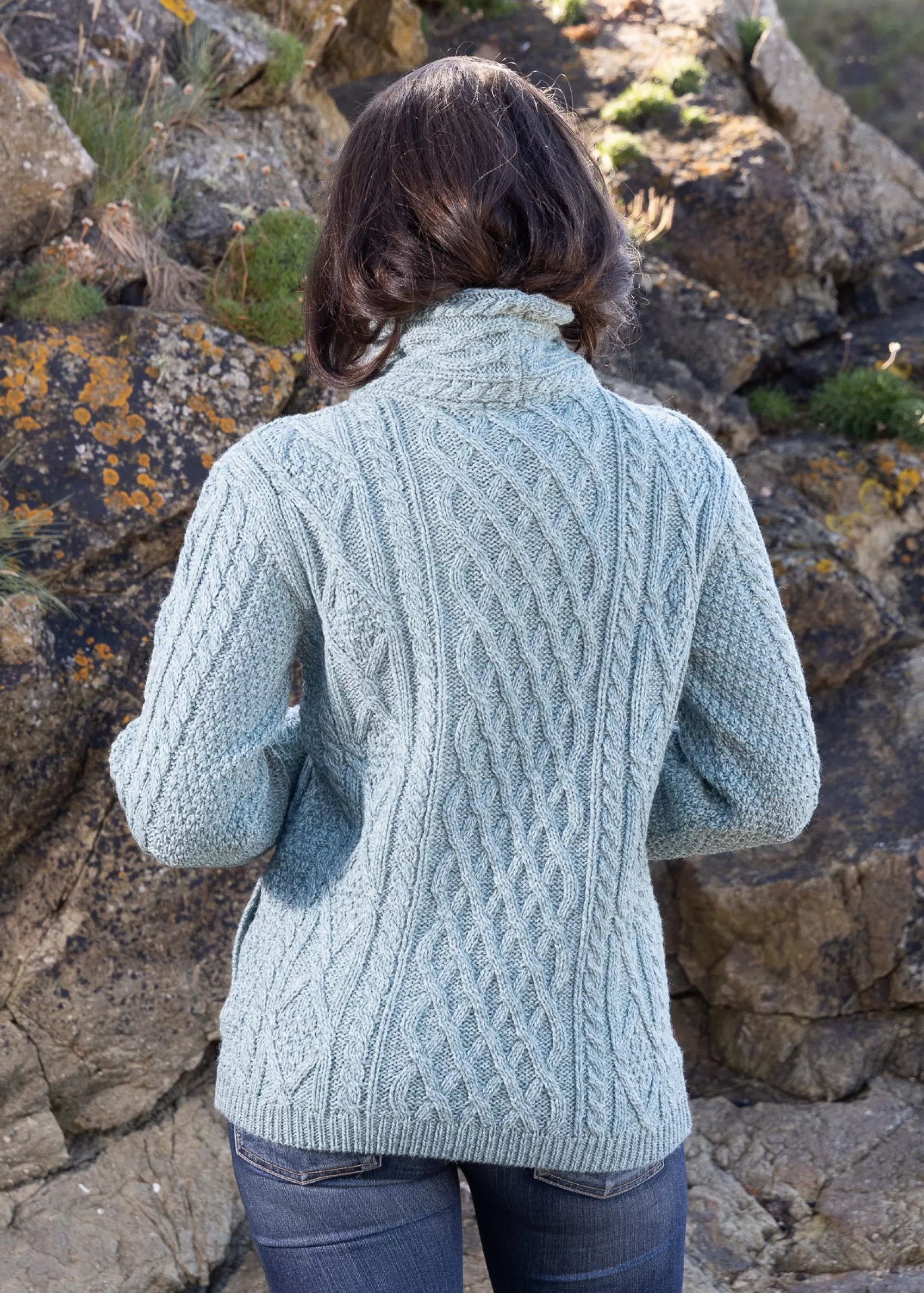 Aran Sweaters | Aran Cardigans^Original Aran Company Aran Bikers Claddagh Side Zip Cardigan | Aqua