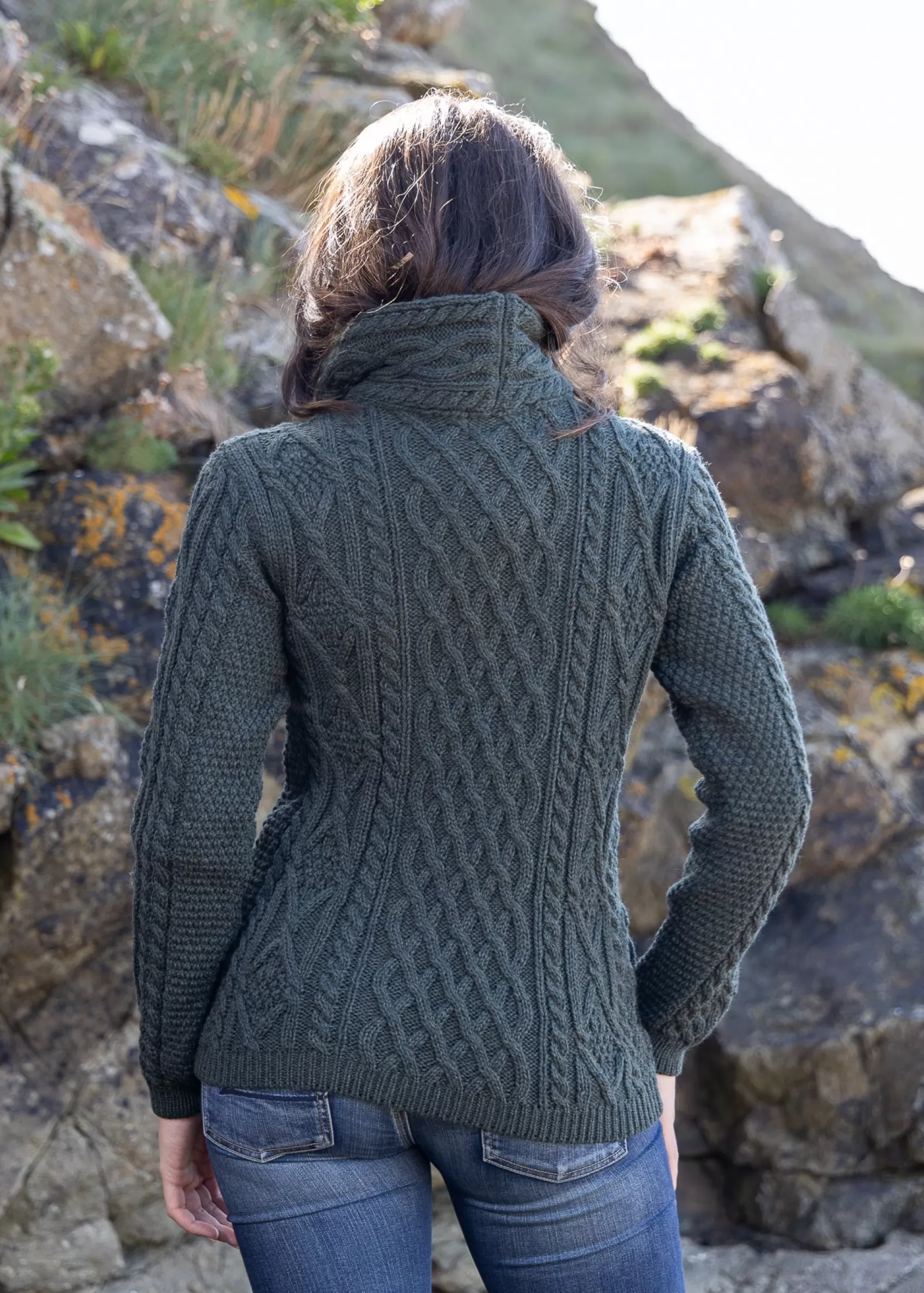 Aran Sweaters | Aran Cardigans^Original Aran Company Aran Bikers Claddagh Side Zip Cardigan | Army Green