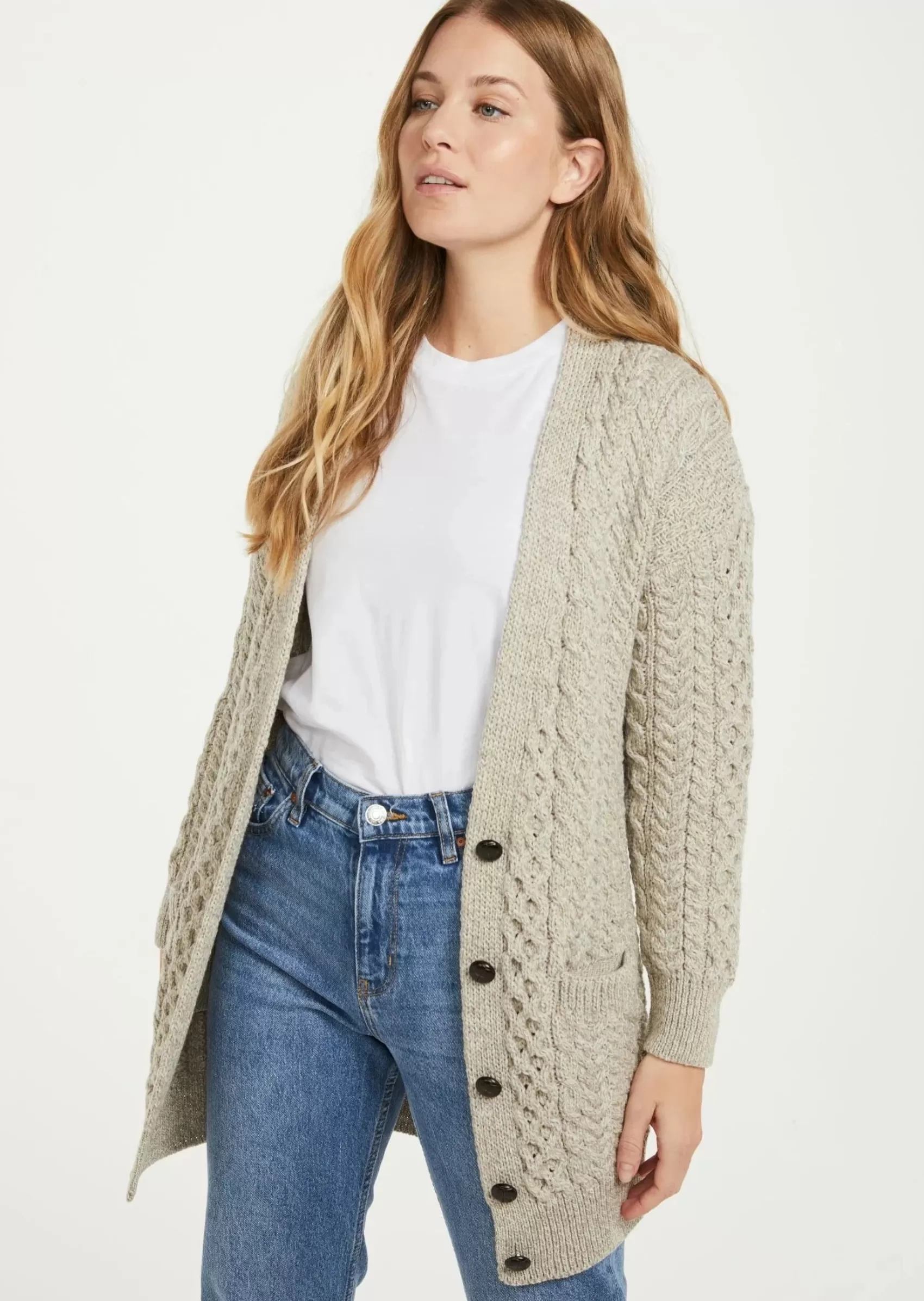 Aran Sweaters | Aran Cardigans^Aran Woollen Mills Aran Boyfriend Cardigan | Oatmeal