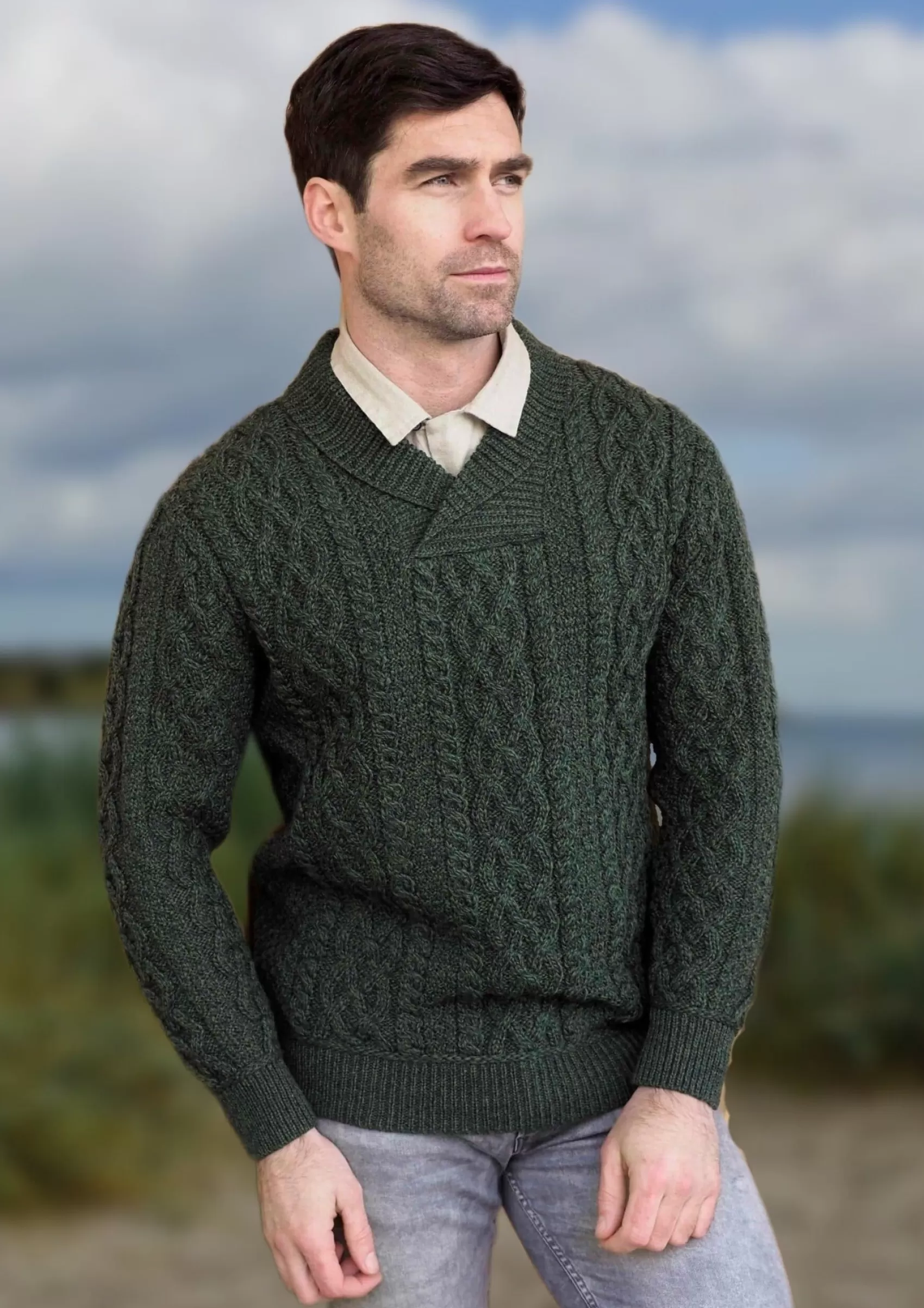 Aran Sweaters^Aran Crafts Aran Bunratty Shawl Collar Sweater | Green