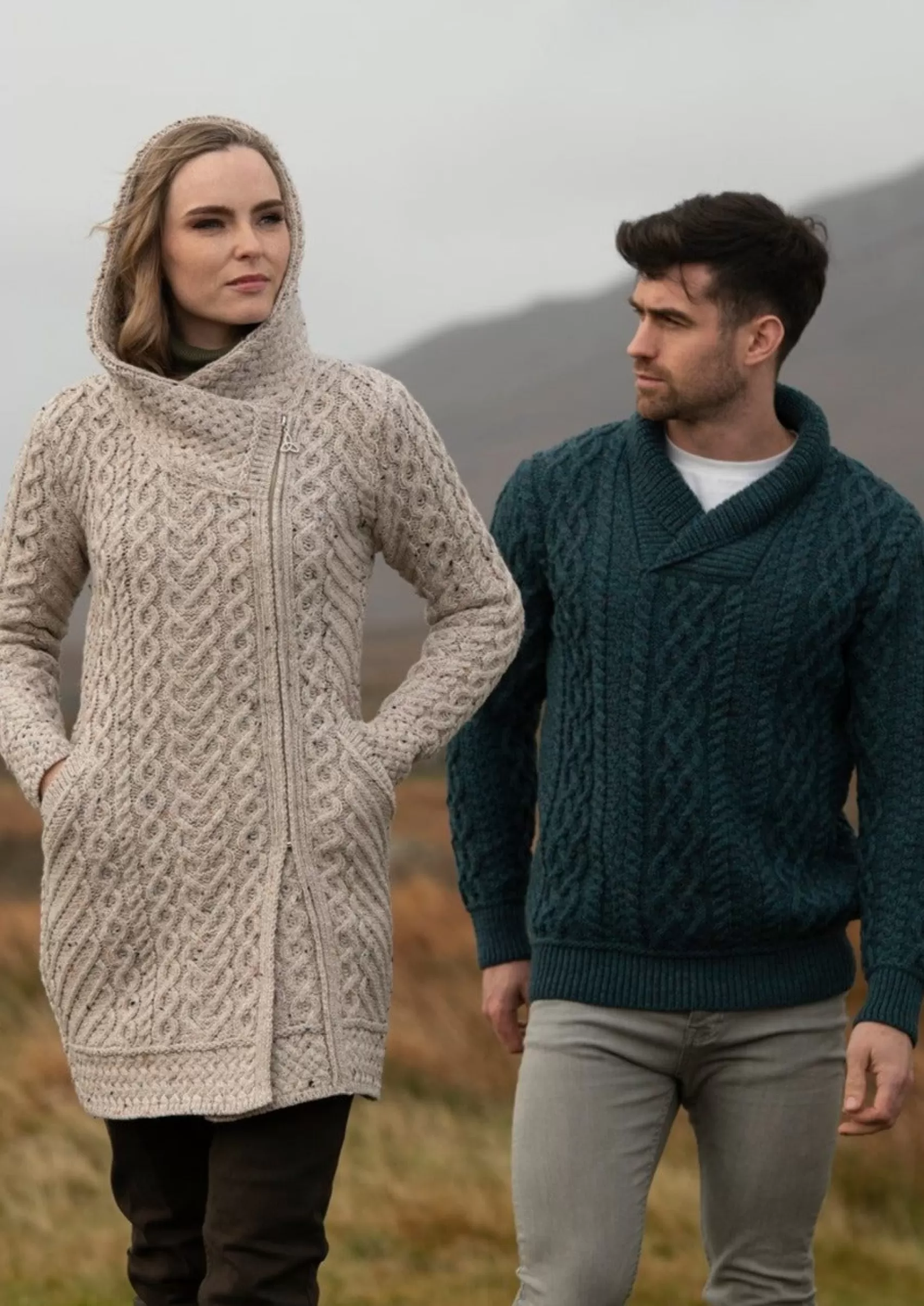 Aran Sweaters^Aran Crafts Aran Bunratty Shawl Collar Sweater | Peacock