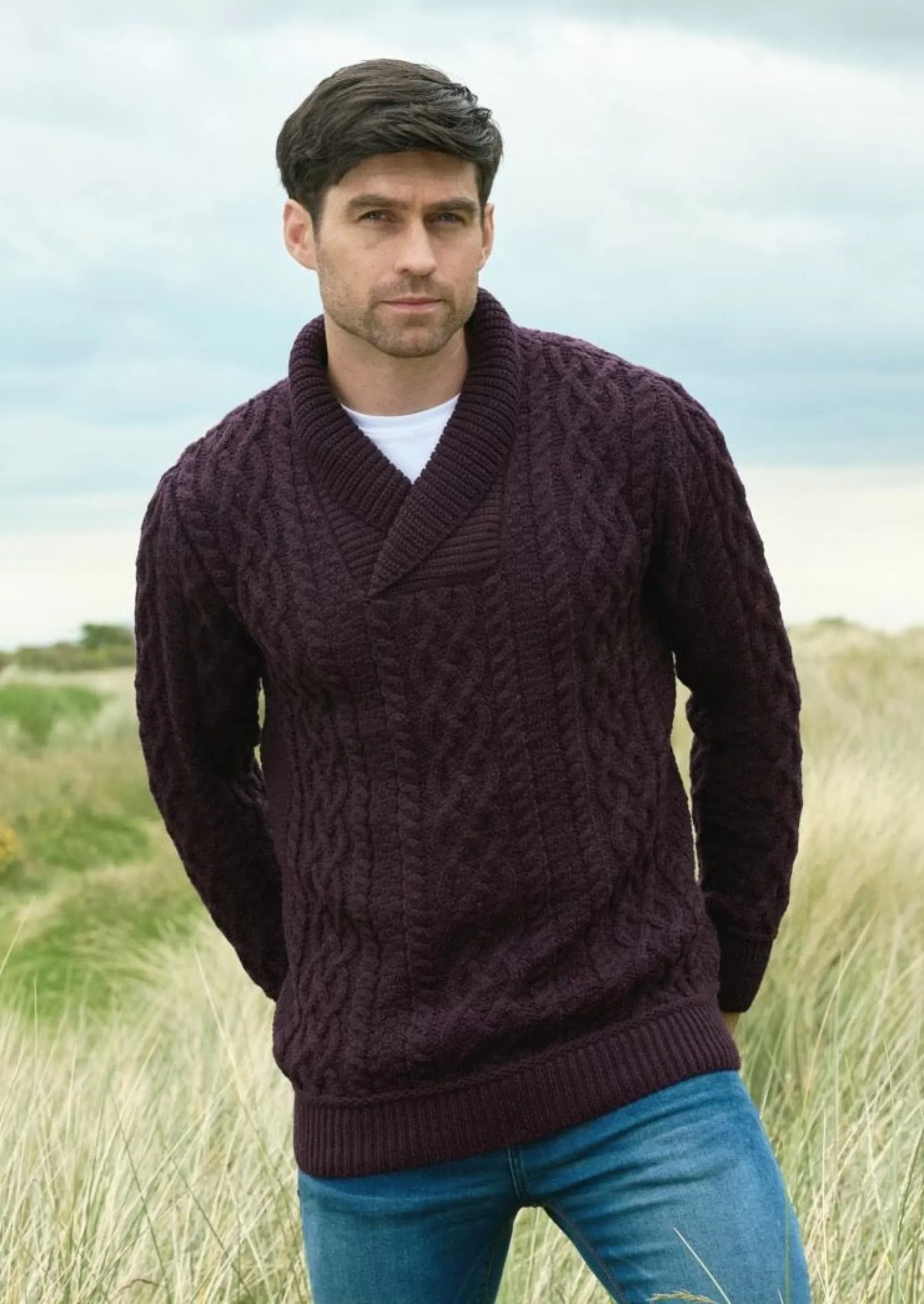 Aran Sweaters^Aran Crafts Aran Bunratty Shawl Collar Sweater | Plum