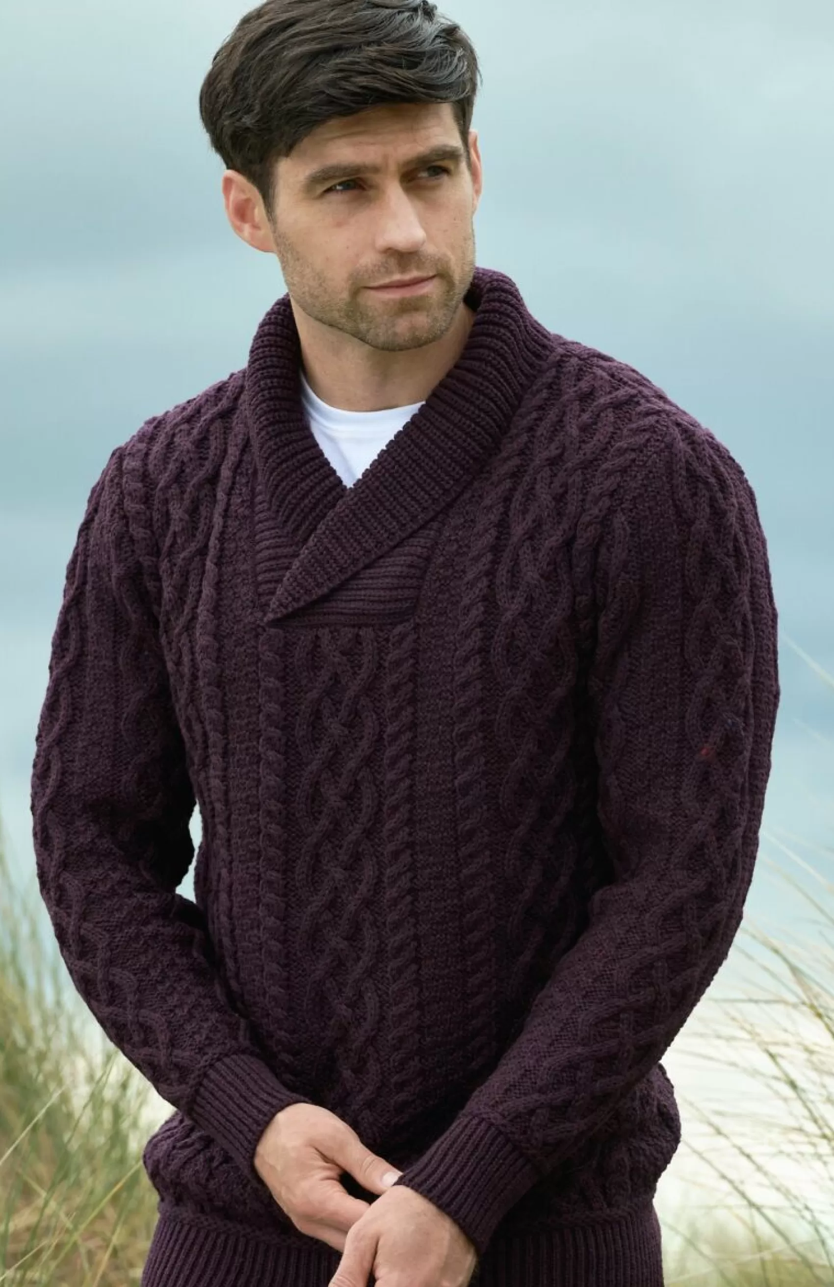 Aran Sweaters^Aran Crafts Aran Bunratty Shawl Collar Sweater | Plum