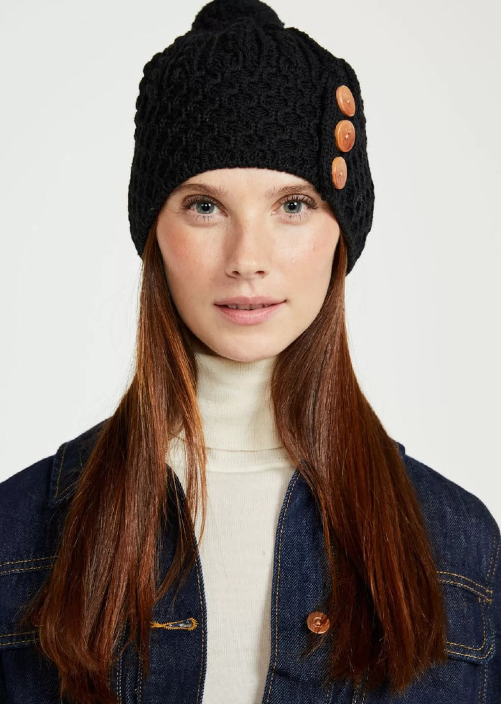 Hats & Caps^Aran Woollen Mills Aran Button Hat | Black