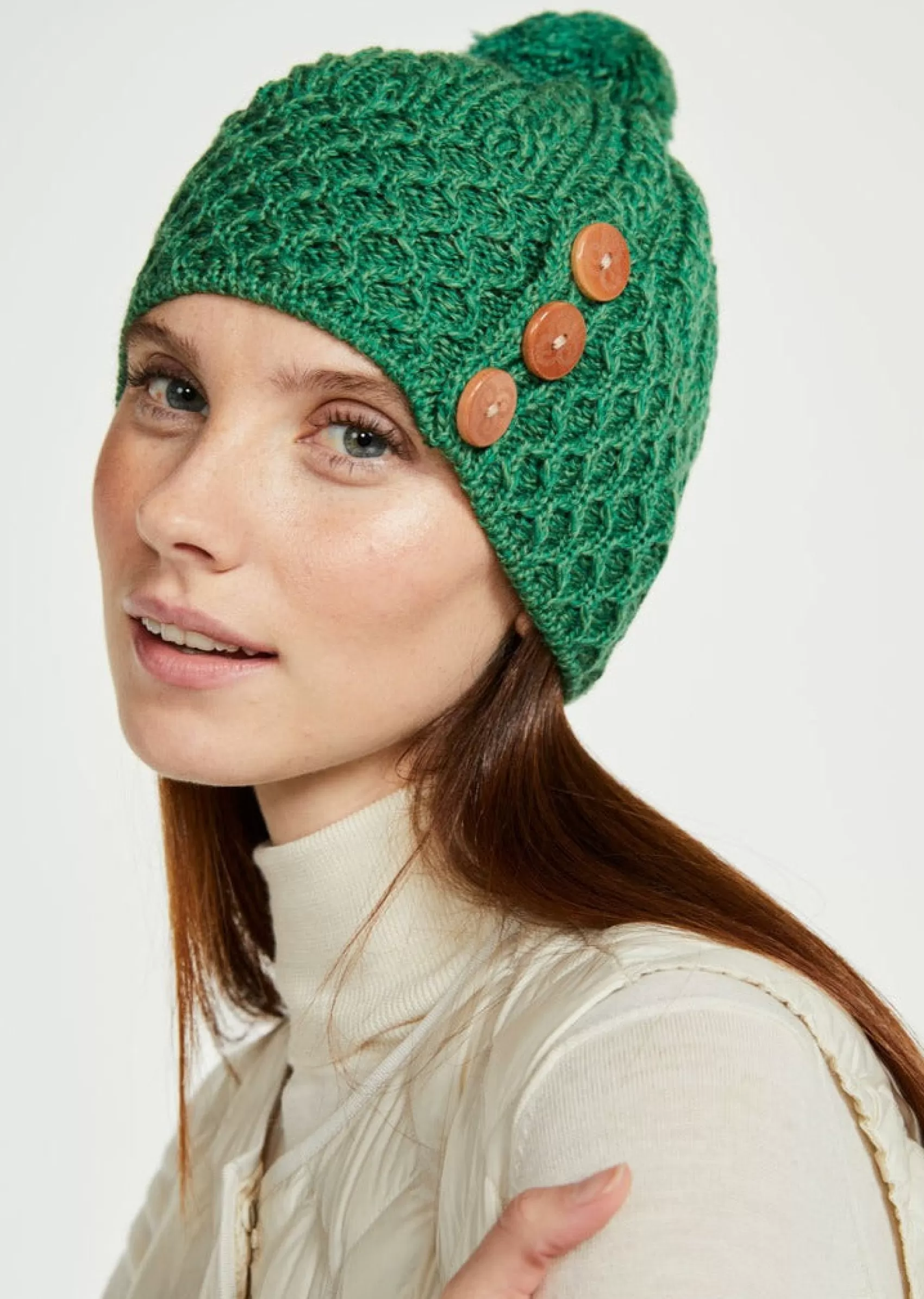 Hats & Caps^Aran Woollen Mills Aran Button Hat | Green