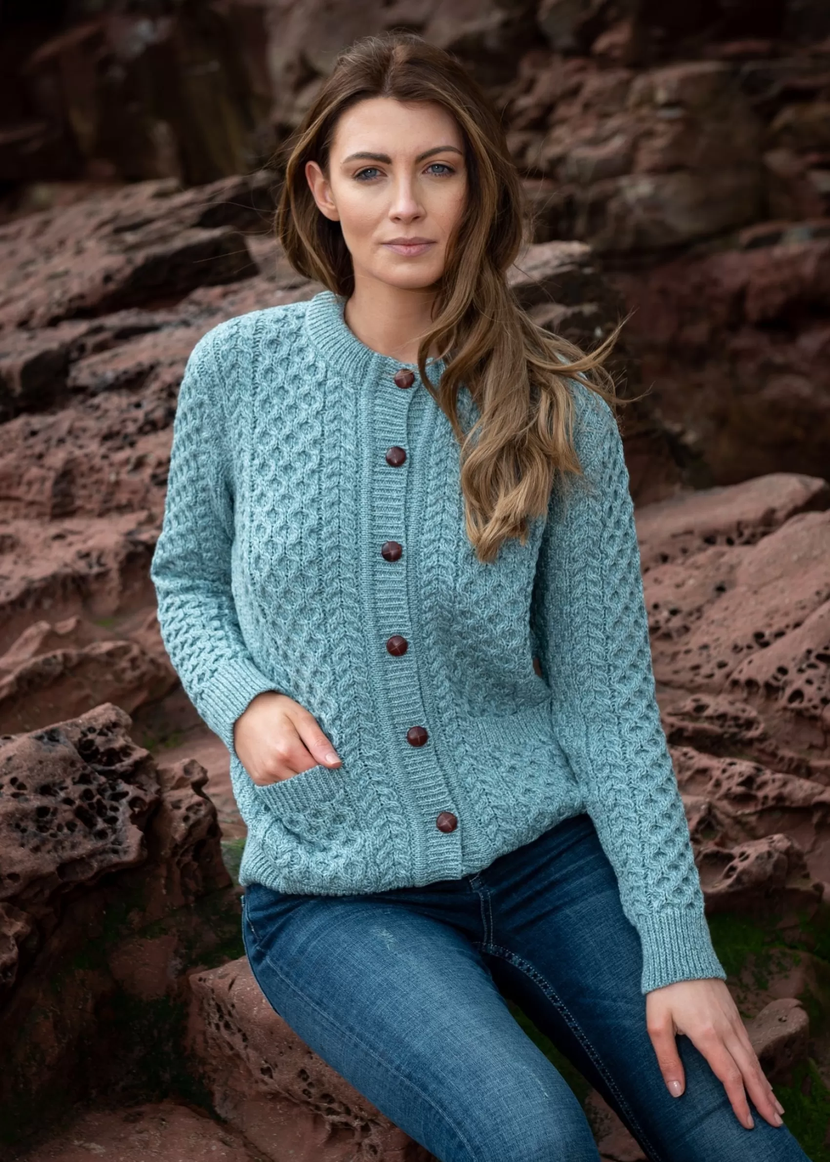 Aran Sweaters | Aran Cardigans^Original Aran Company Aran Cable Knit Cardigan | Aqua