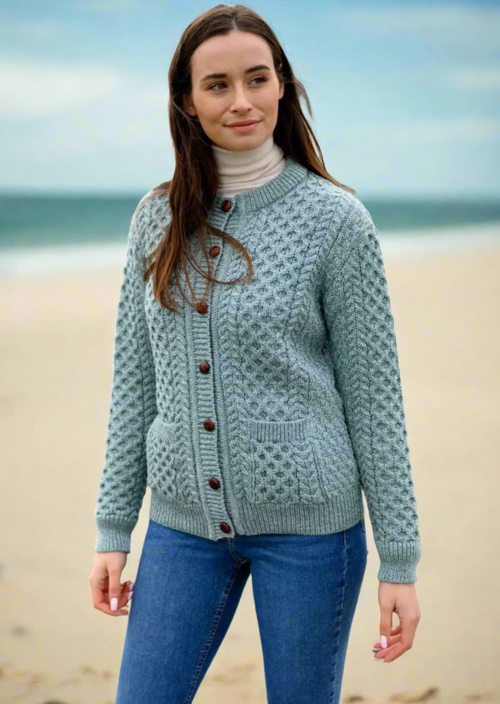 Aran Sweaters | Aran Cardigans^Original Aran Company Aran Cable Knit Cardigan | Aqua