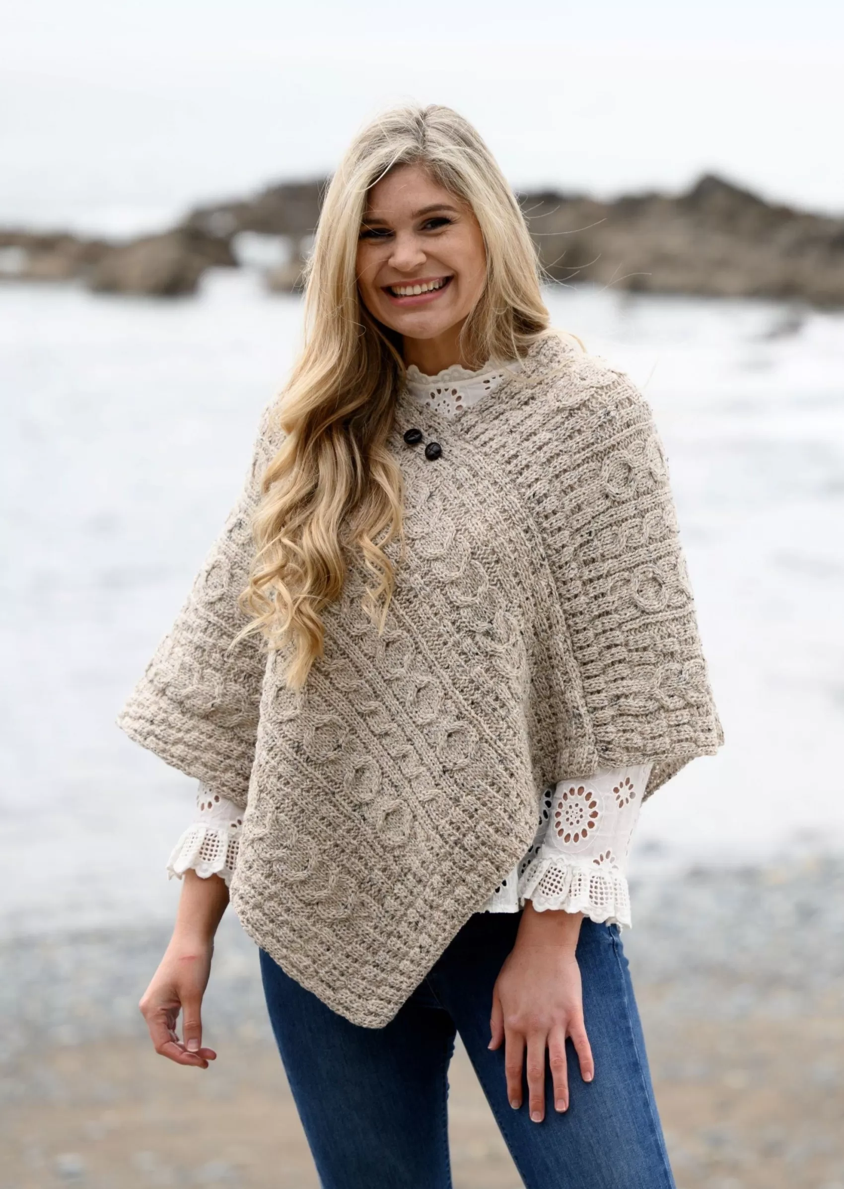 Aran Sweaters^Aran Woollen Mills Aran Cable Knit Poncho | Oatmeal