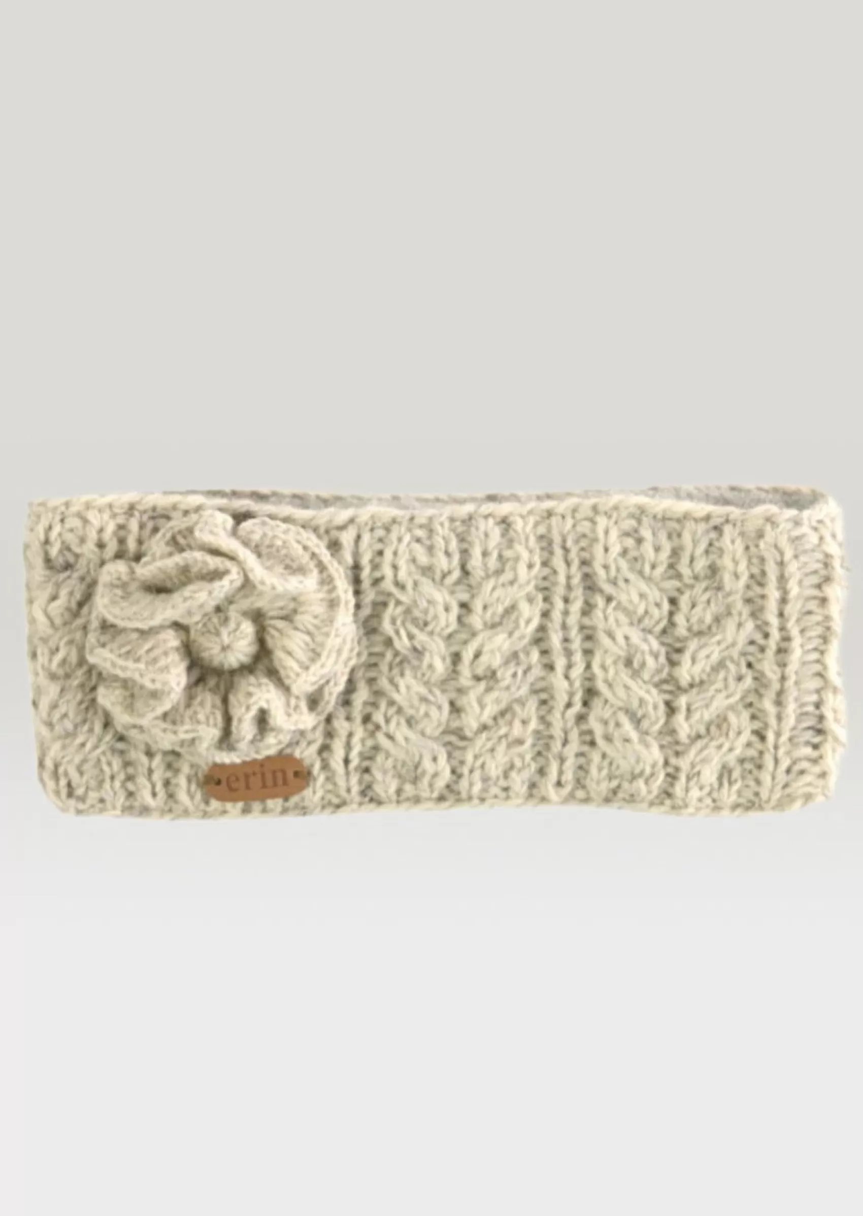 Hats & Caps^Erin Knitwear Aran Cable Knitted Wool Flower Headband - Oatmeal