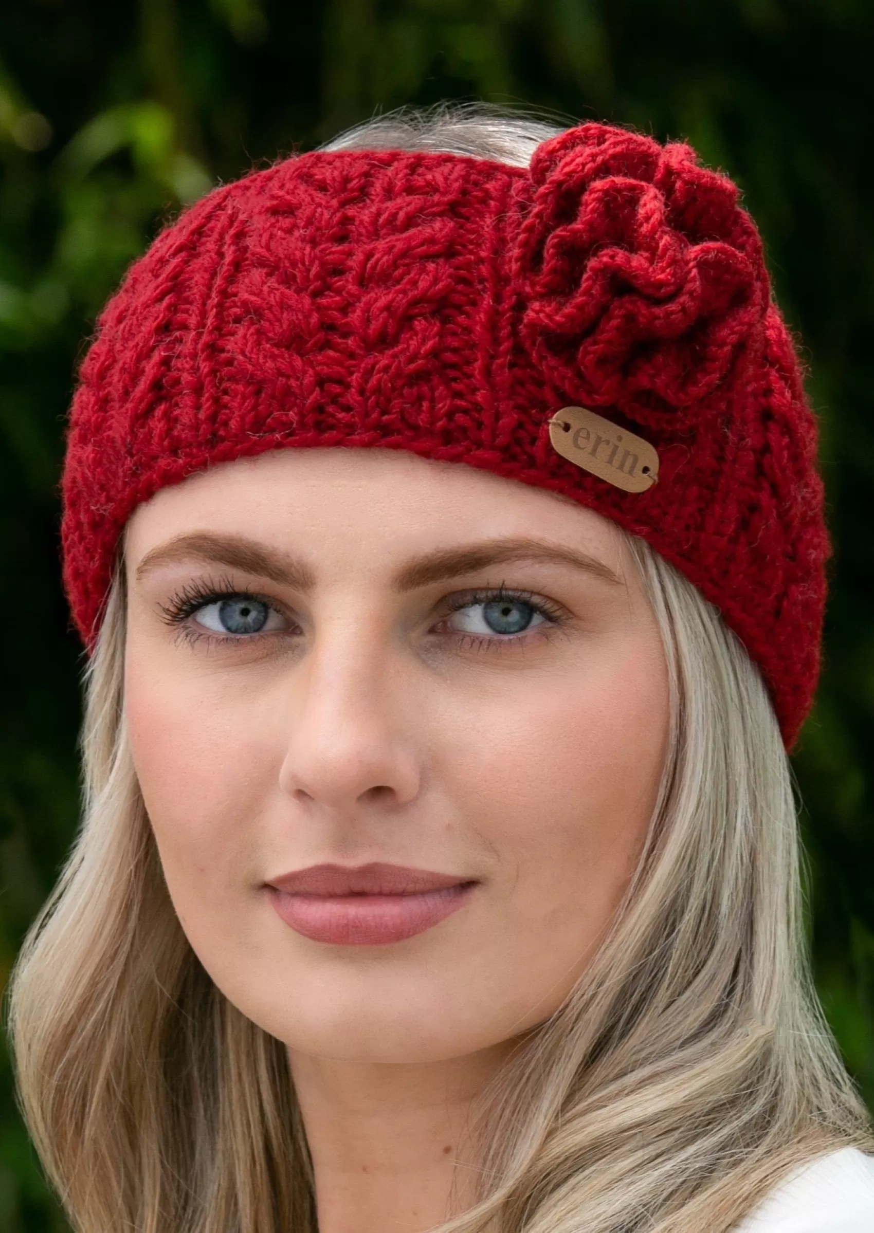 Hats & Caps^Erin Knitwear Aran Cable Knitted Wool Flower Headband | Red