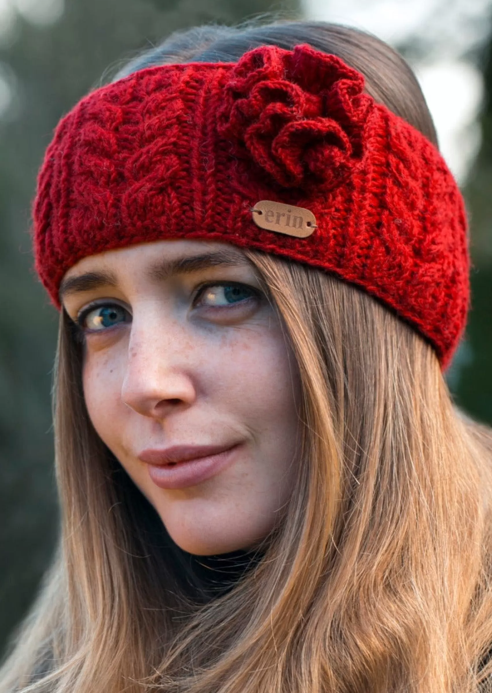 Hats & Caps^Erin Knitwear Aran Cable Knitted Wool Flower Headband | Red