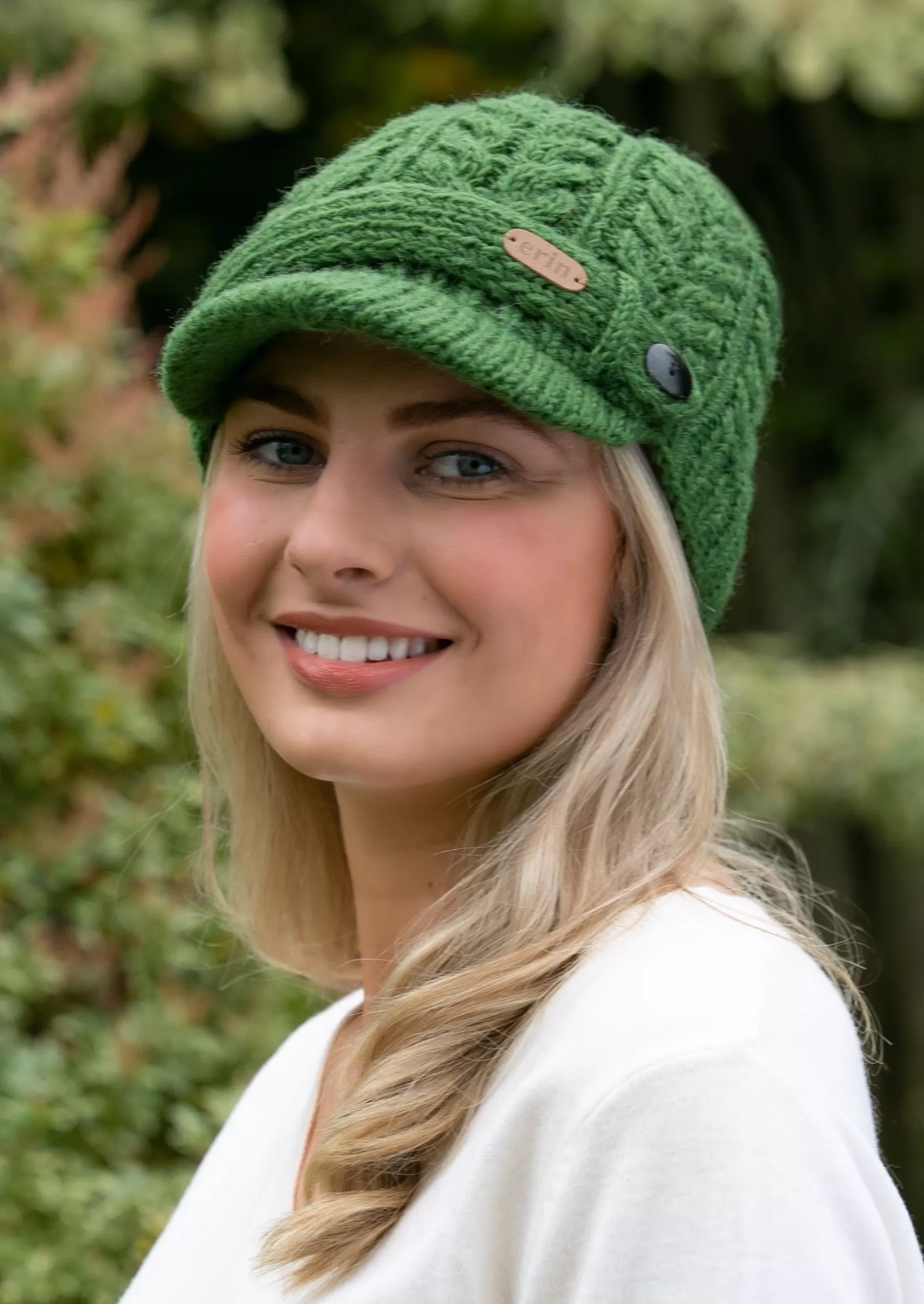 Hats & Caps^Erin Knitwear Aran Cable Peak Hat | Green