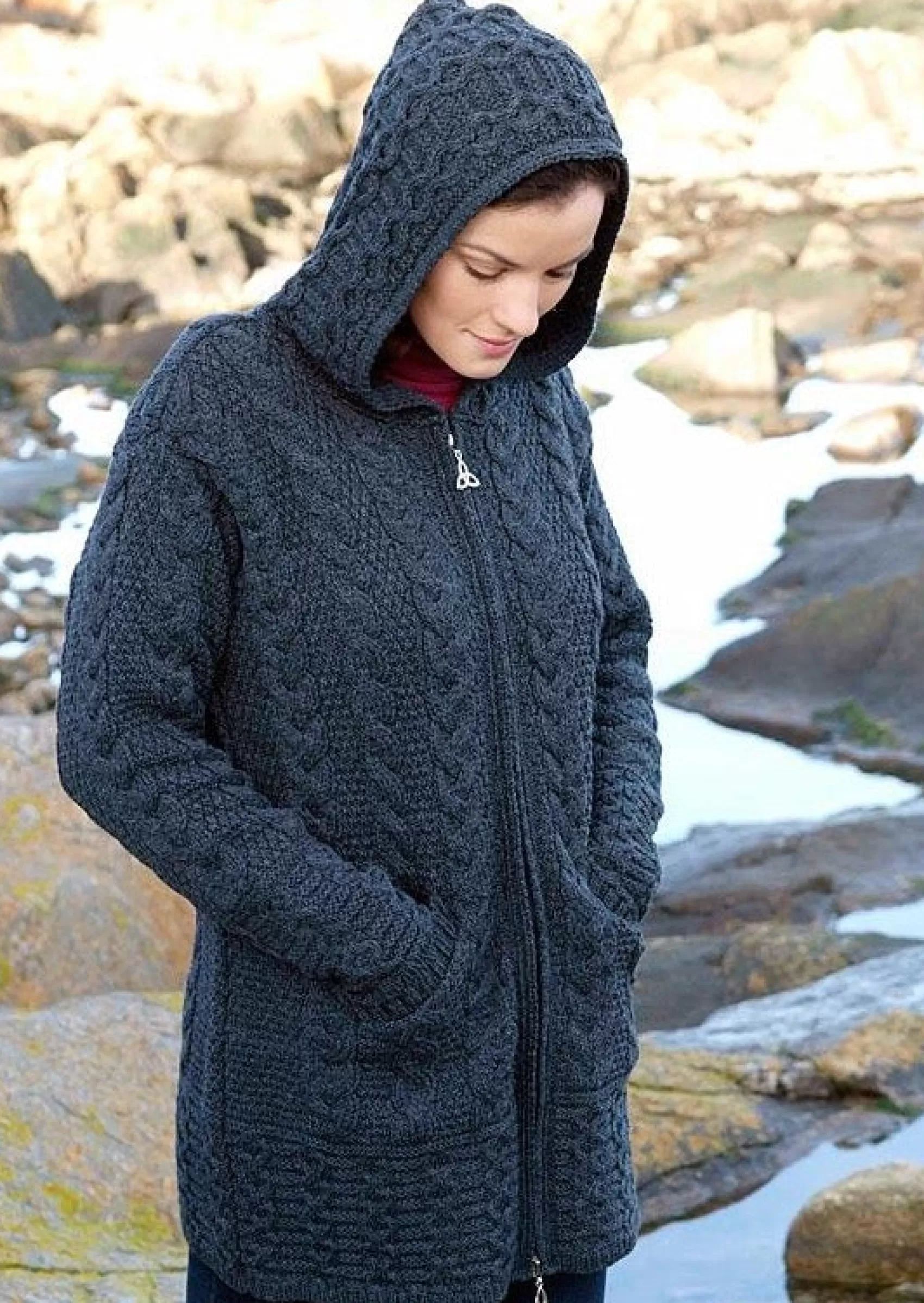 Aran Sweaters | Aran Cardigans^Aran Crafts Aran Cardigan With Celtic Knot Zipper | Charcoal