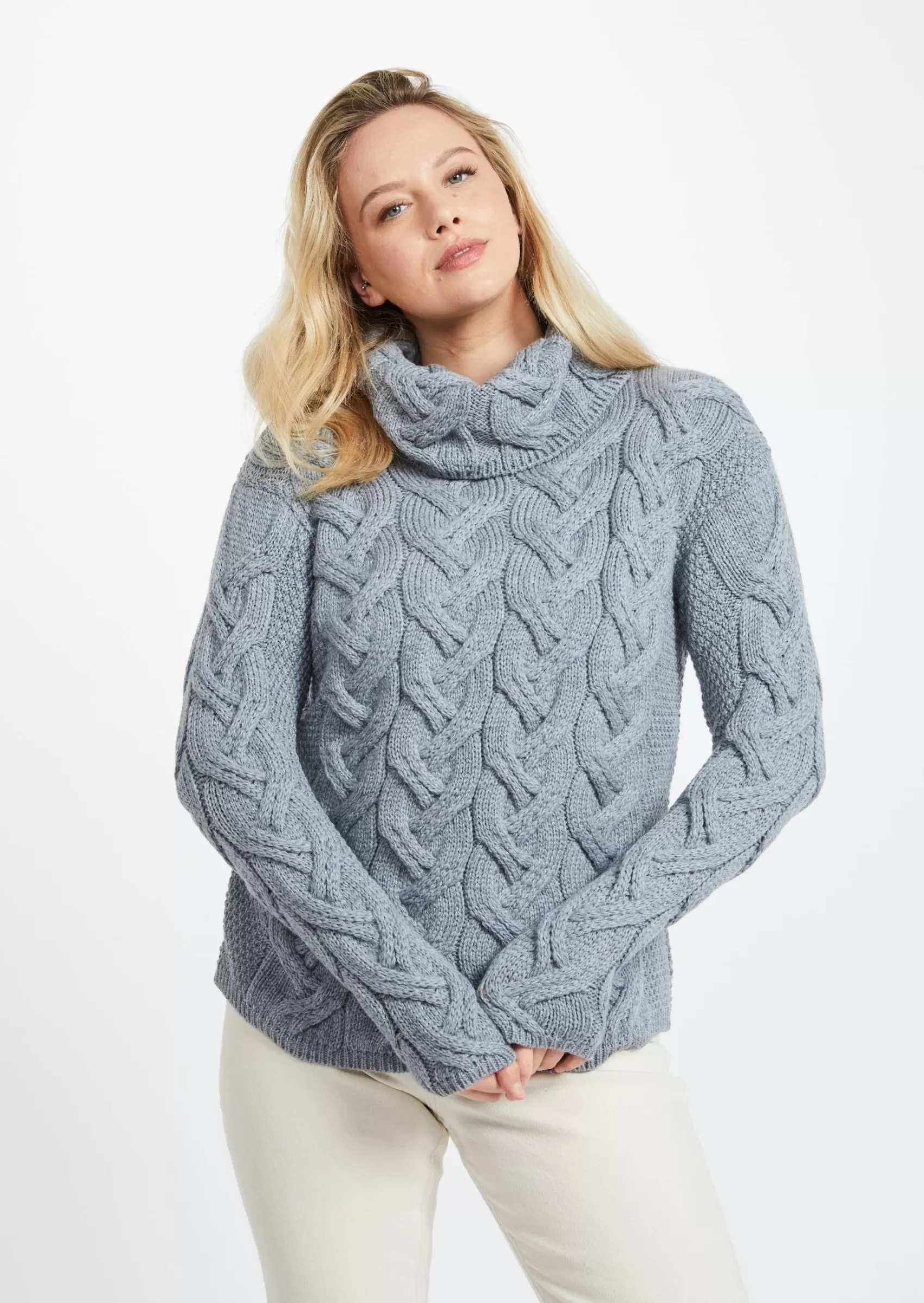 Aran Sweaters^Aran Woollen Mills Aran Cowl Neck Chunky Sweater | Ocean Grey