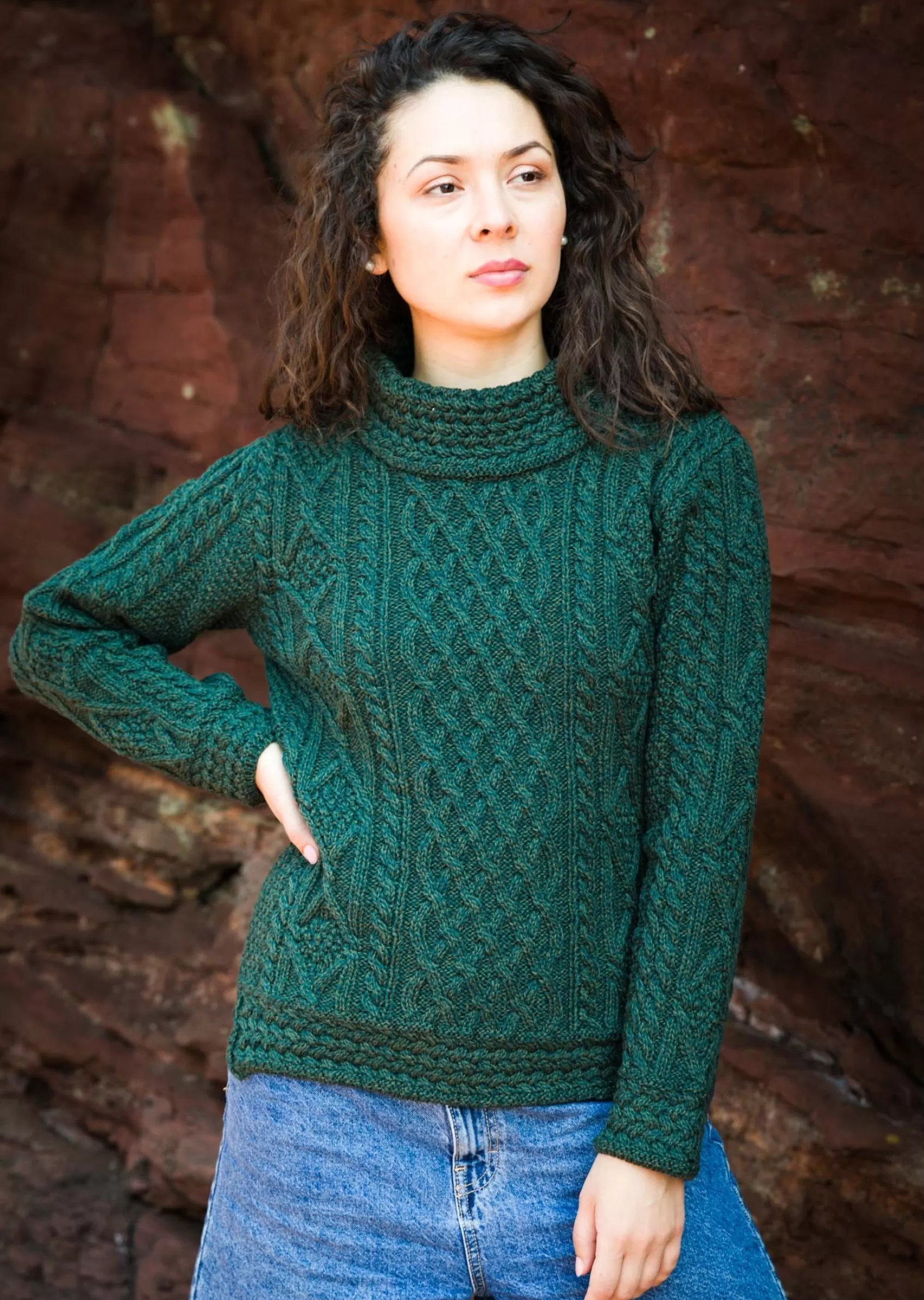 Aran Sweaters^Original Aran Company Aran Cowl Neck Women's Sweater | Green