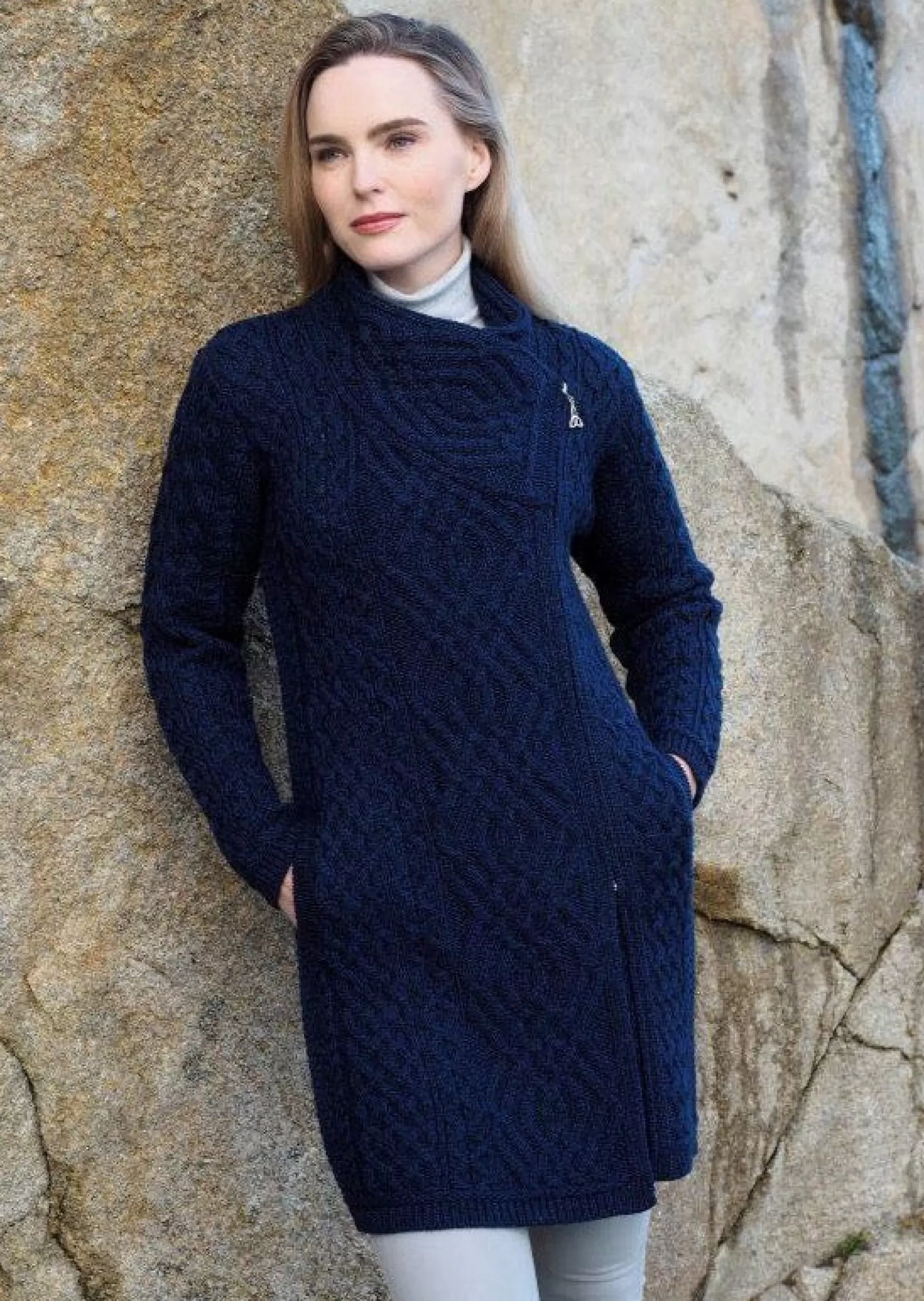 Aran Sweaters | Aran Cardigans^Aran Crafts Cable Knit Side Zip Coat | Blue