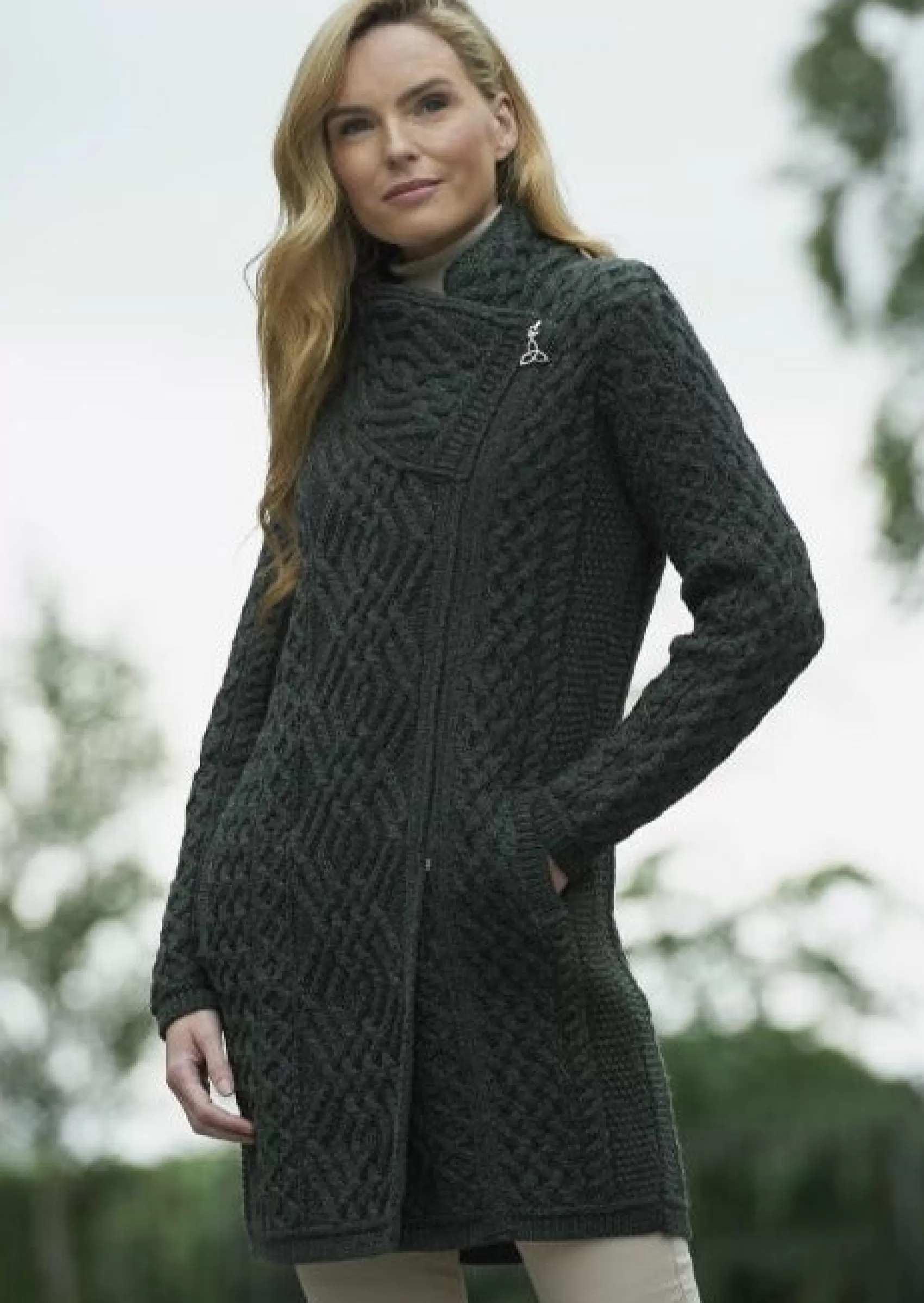 Aran Sweaters | Aran Cardigans^Aran Crafts Cable Knit Side Zip Coat | Green