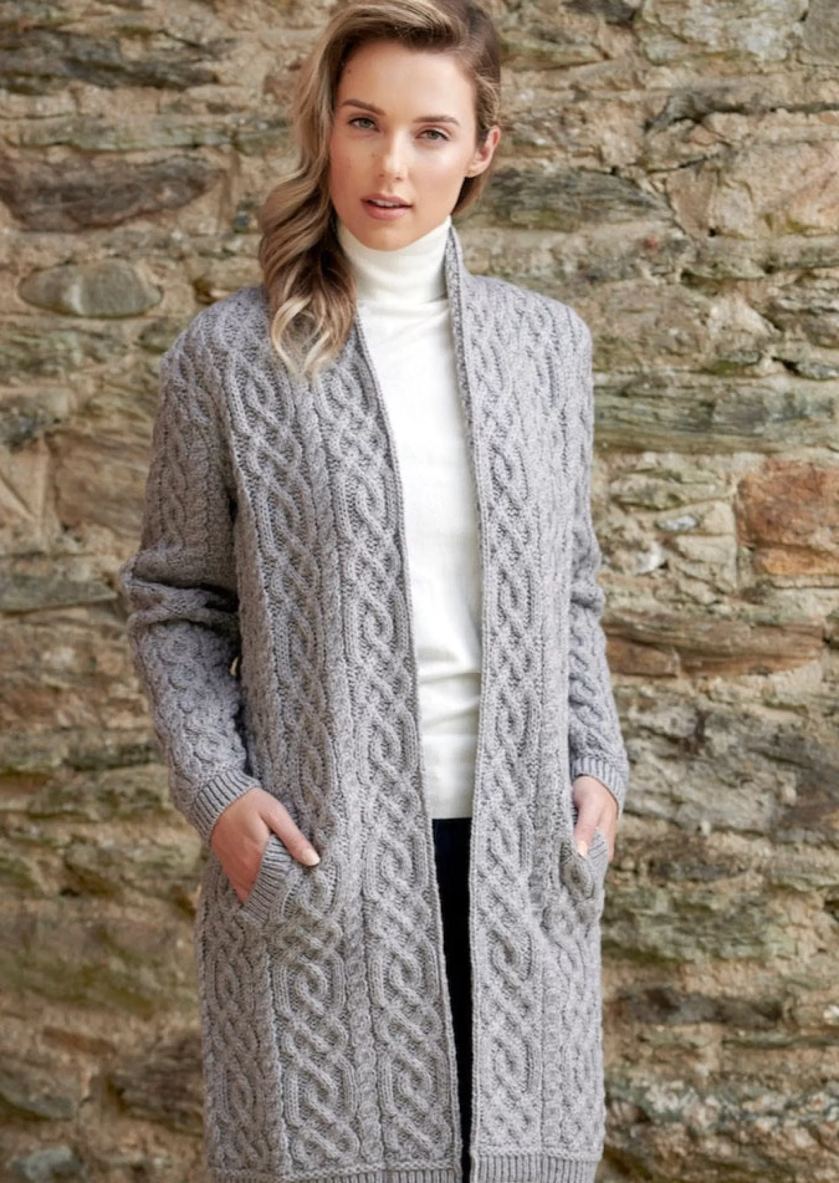 Aran Sweaters | Aran Cardigans^Aran Crafts Celtic Braid Edge To Edge Coat | Grey