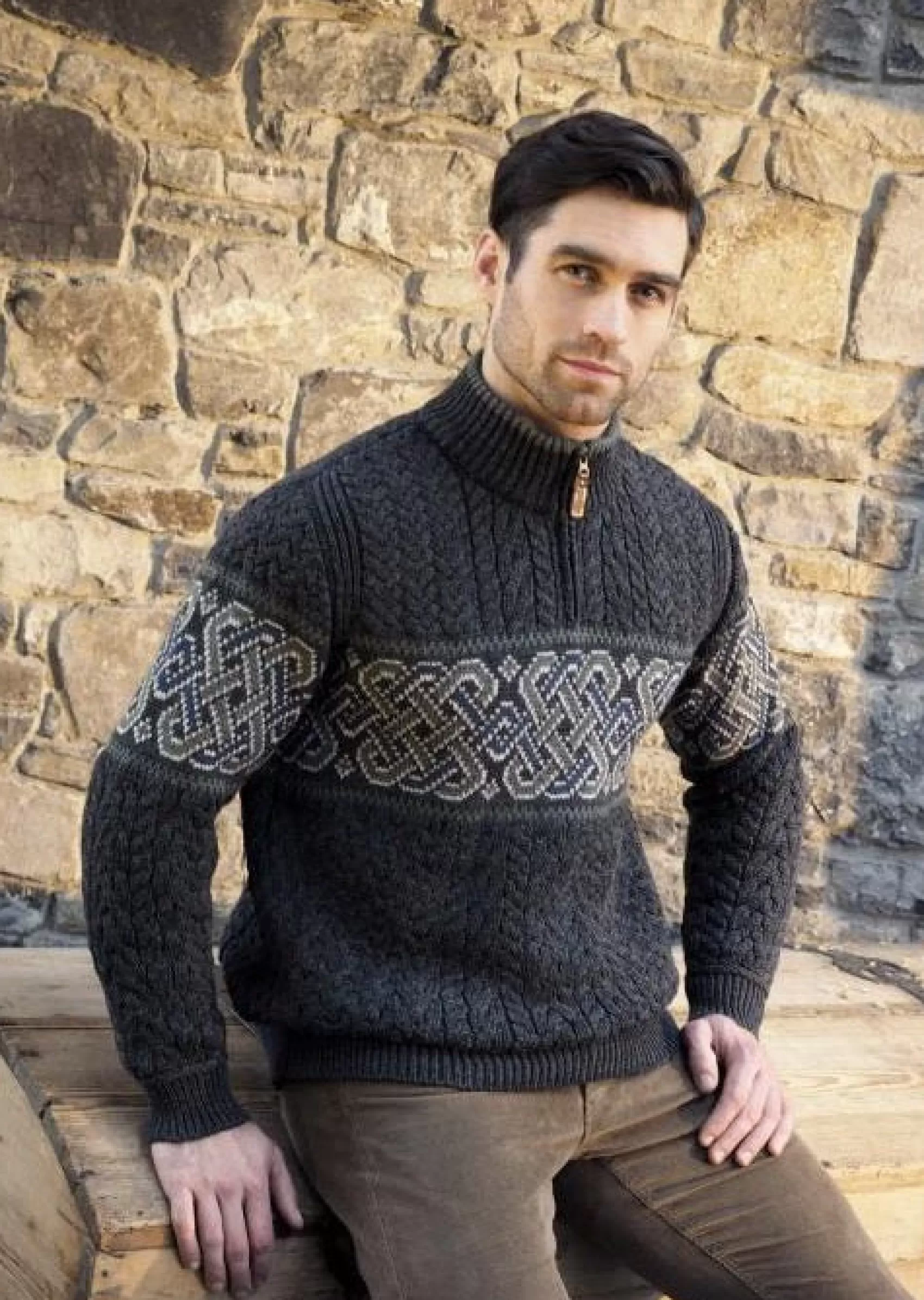 Aran Sweaters^Aran Crafts Celtic Jacquard Zip Sweater | Charcoal