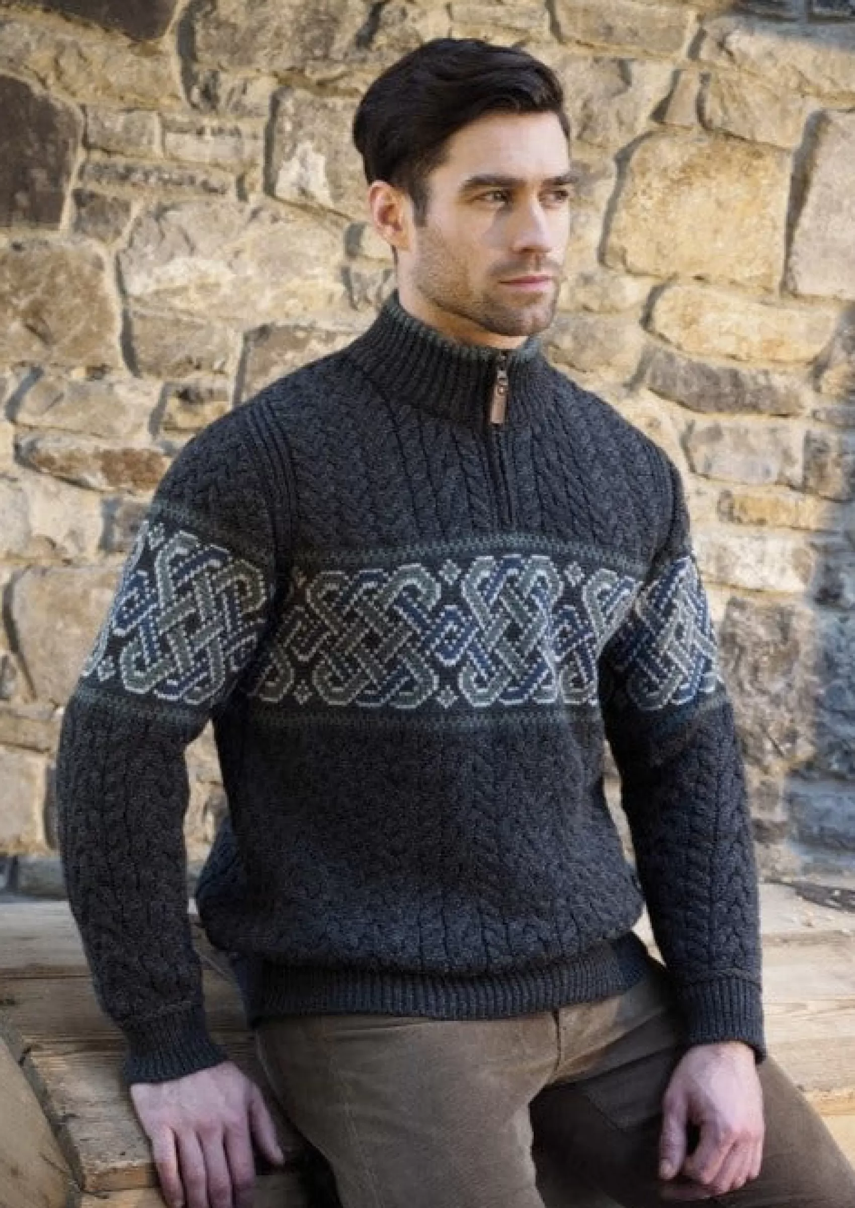 Aran Sweaters^Aran Crafts Celtic Jacquard Zip Sweater | Charcoal