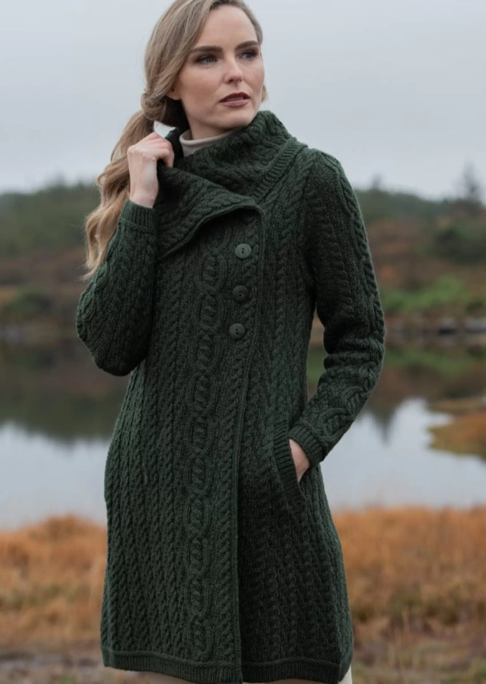 Aran Sweaters | Aran Cardigans^Aran Crafts Chunky Collar Coat | Green