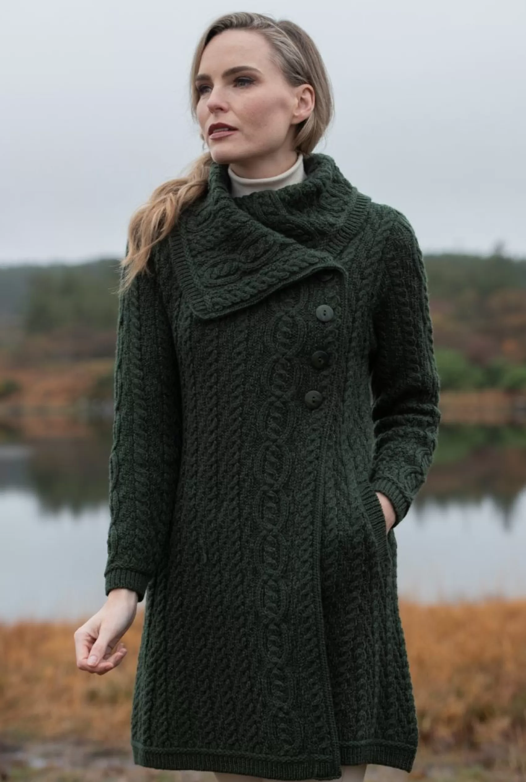 Aran Sweaters | Aran Cardigans^Aran Crafts Chunky Collar Coat | Green