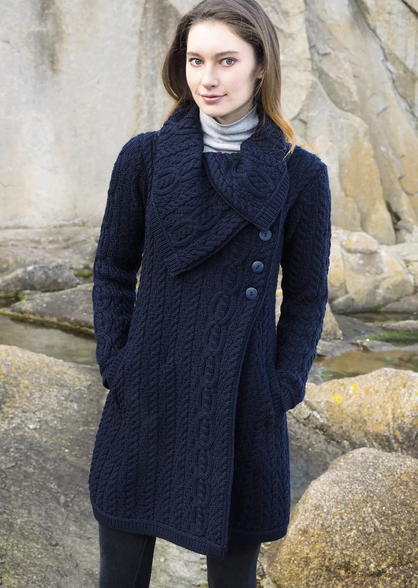 Aran Sweaters | Aran Cardigans^Aran Crafts Chunky Collar Coat | Navy