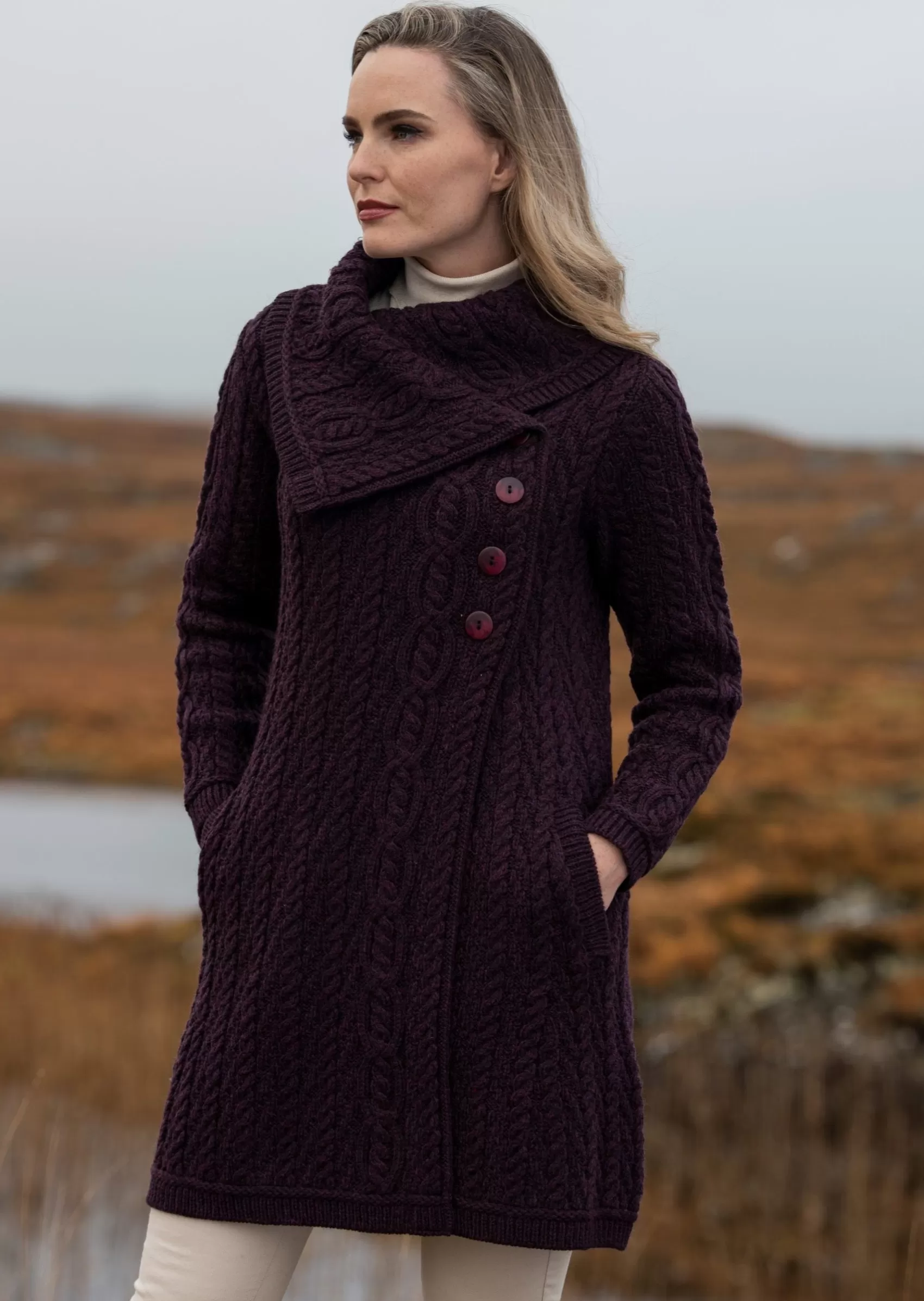 Aran Sweaters | Aran Cardigans^Aran Crafts Chunky Collar Coat | Plum