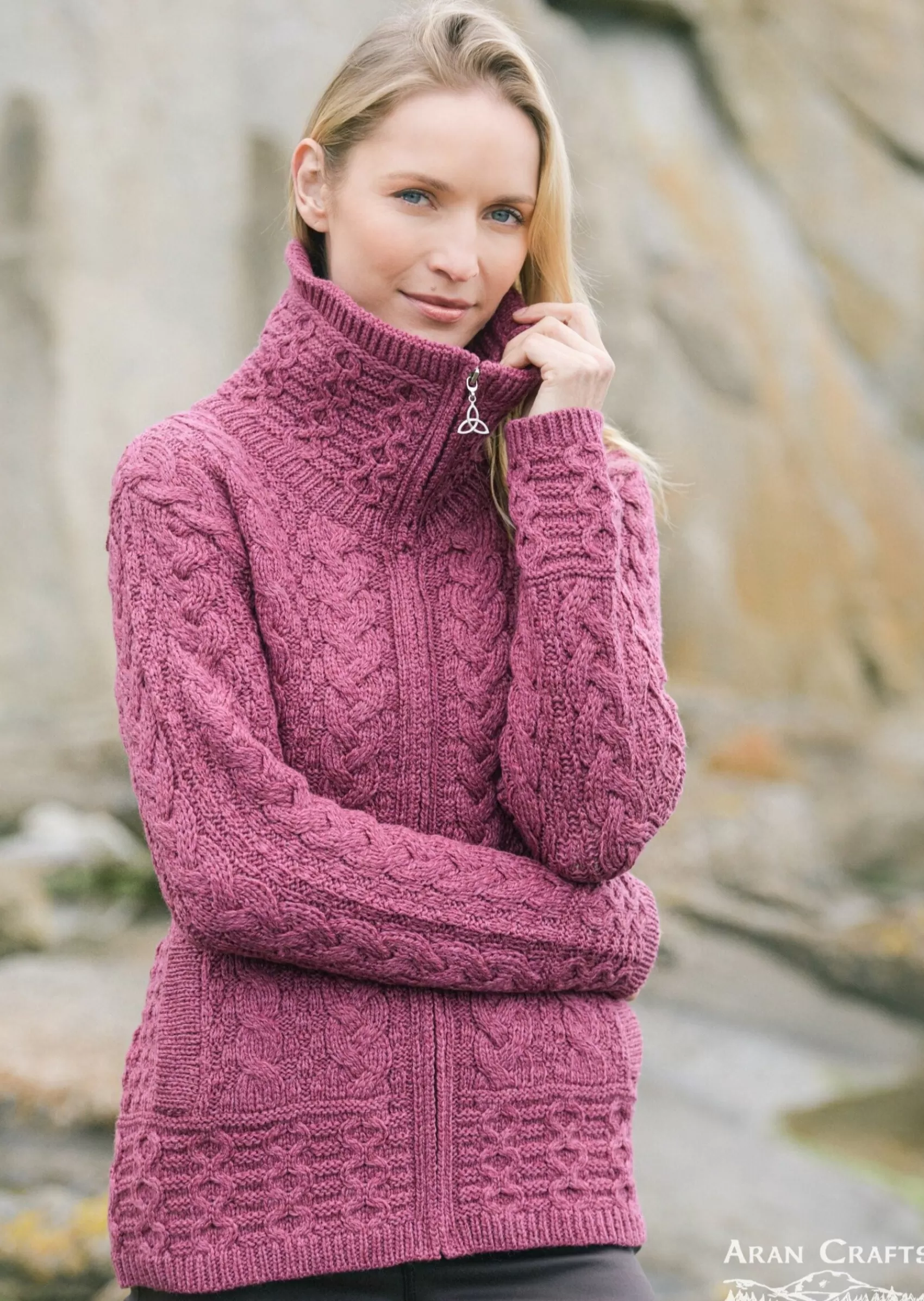 Aran Sweaters | Aran Cardigans^Aran Crafts Double Collar Trinity Cardigan | Berry