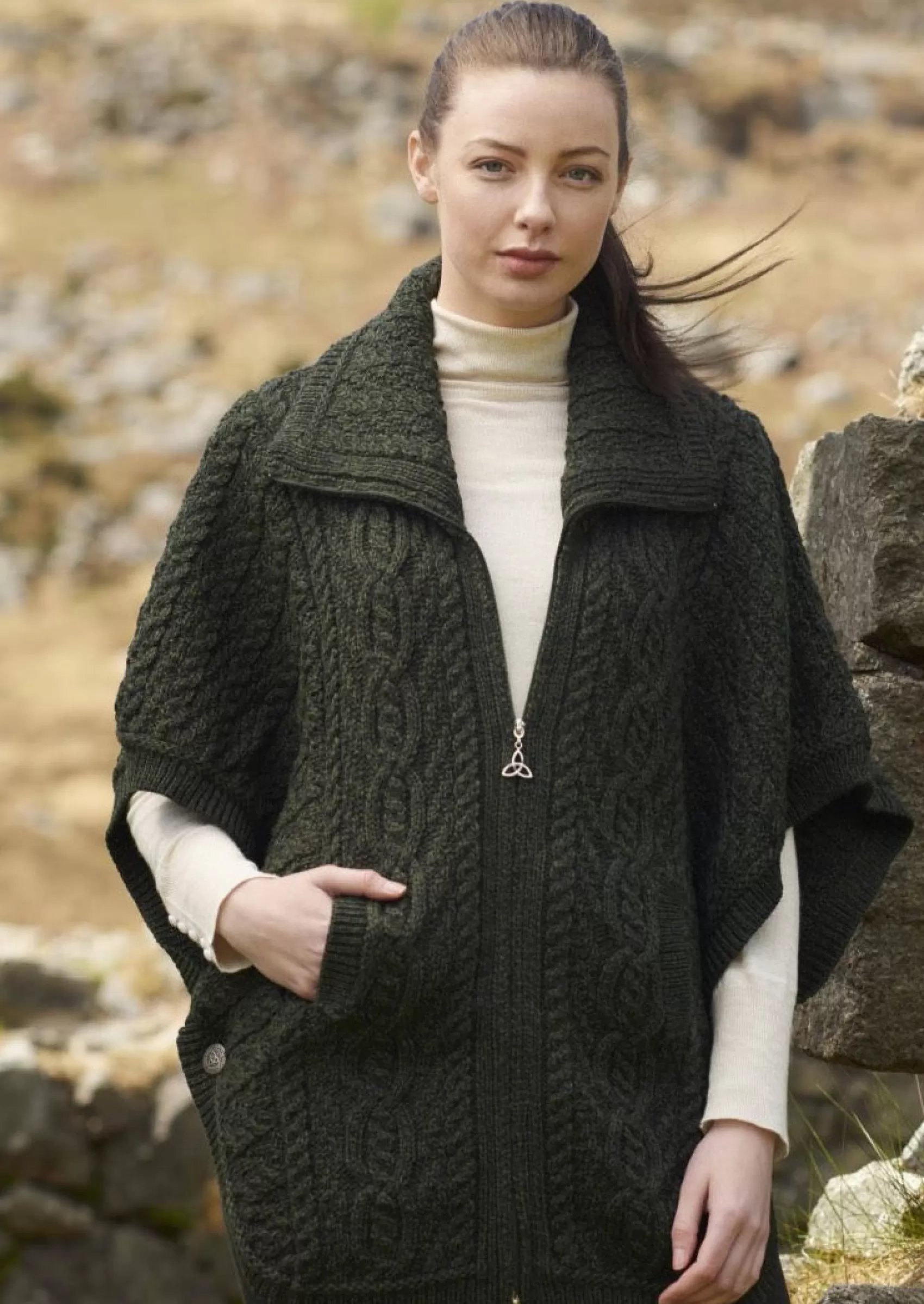 Aran Sweaters | Aran Cardigans^Aran Crafts Funnel Neck Cardigan | Green