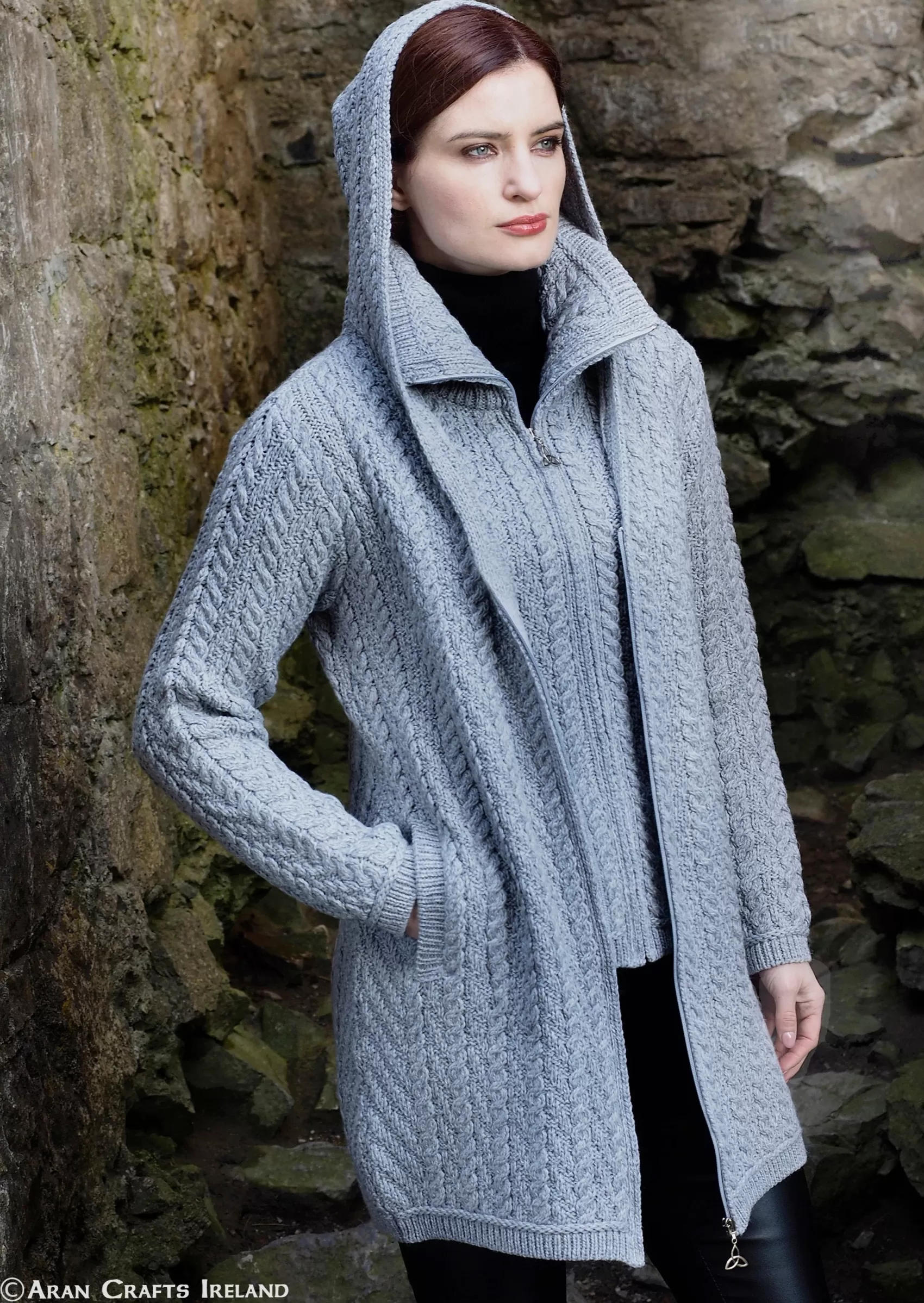 Aran Sweaters | Aran Cardigans^Aran Crafts Grey Hooded Zip Coat | Grey