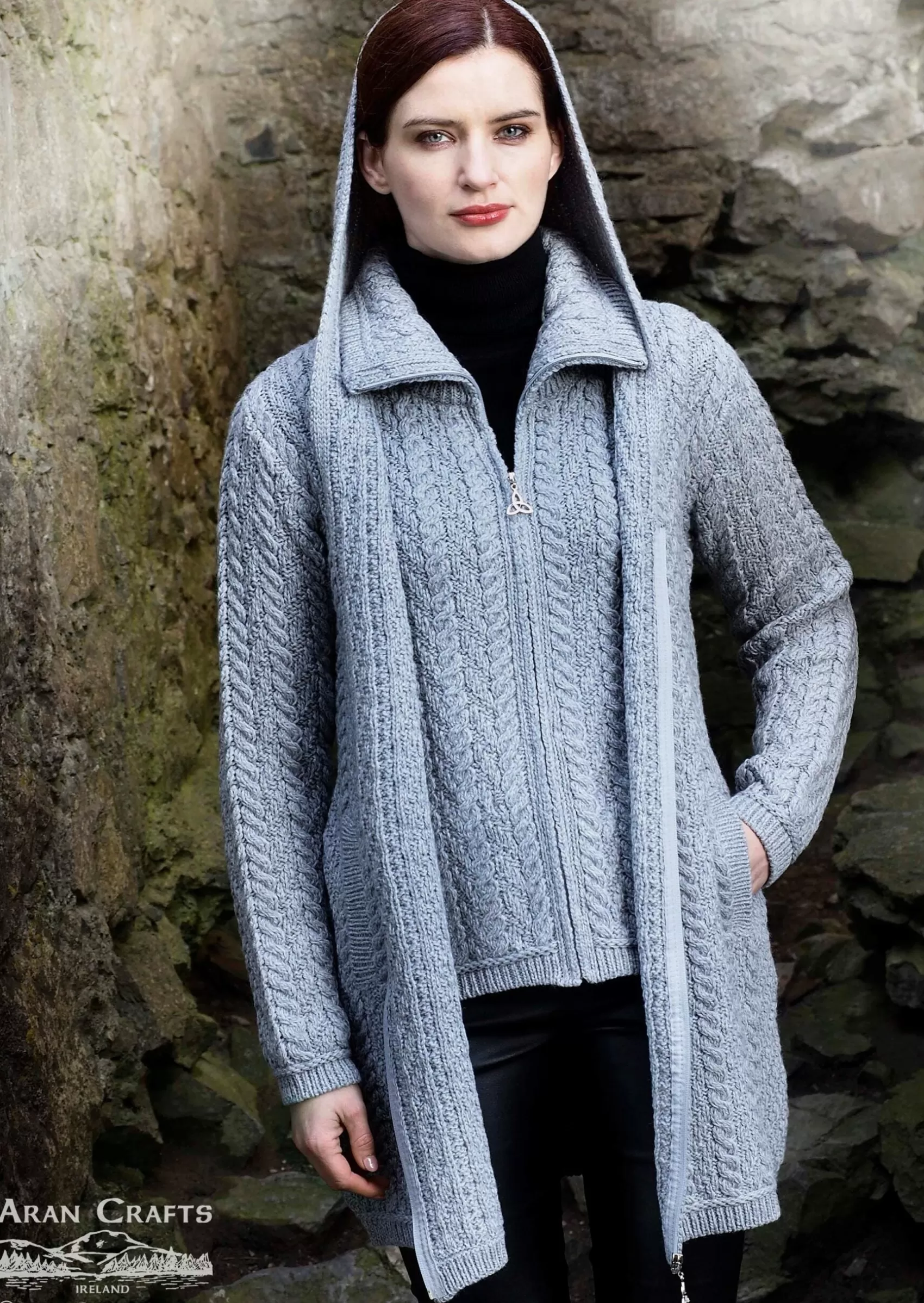 Aran Sweaters | Aran Cardigans^Aran Crafts Grey Hooded Zip Coat | Grey