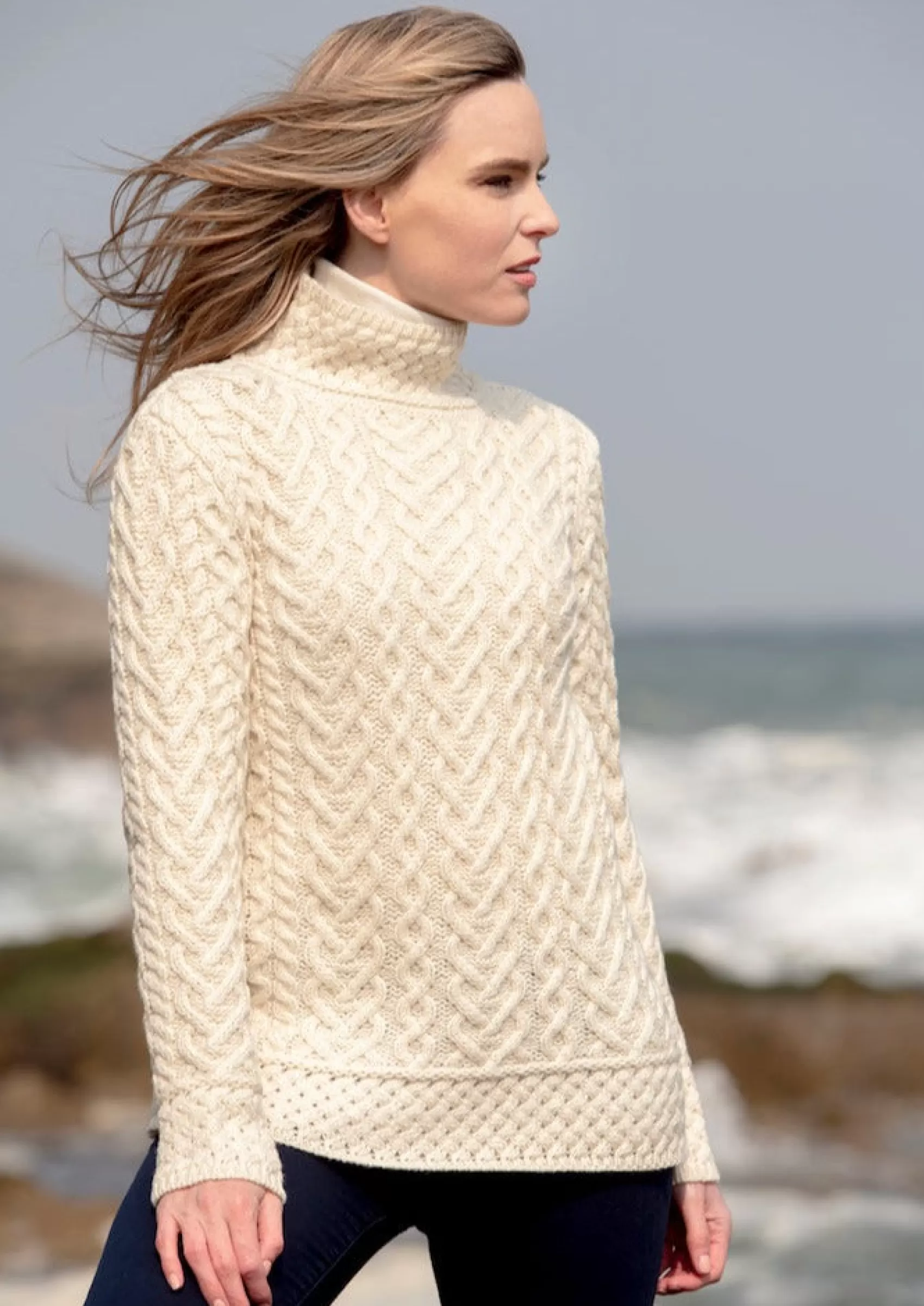 Aran Sweaters^Aran Crafts Hearts High Neck Sweater | Natural