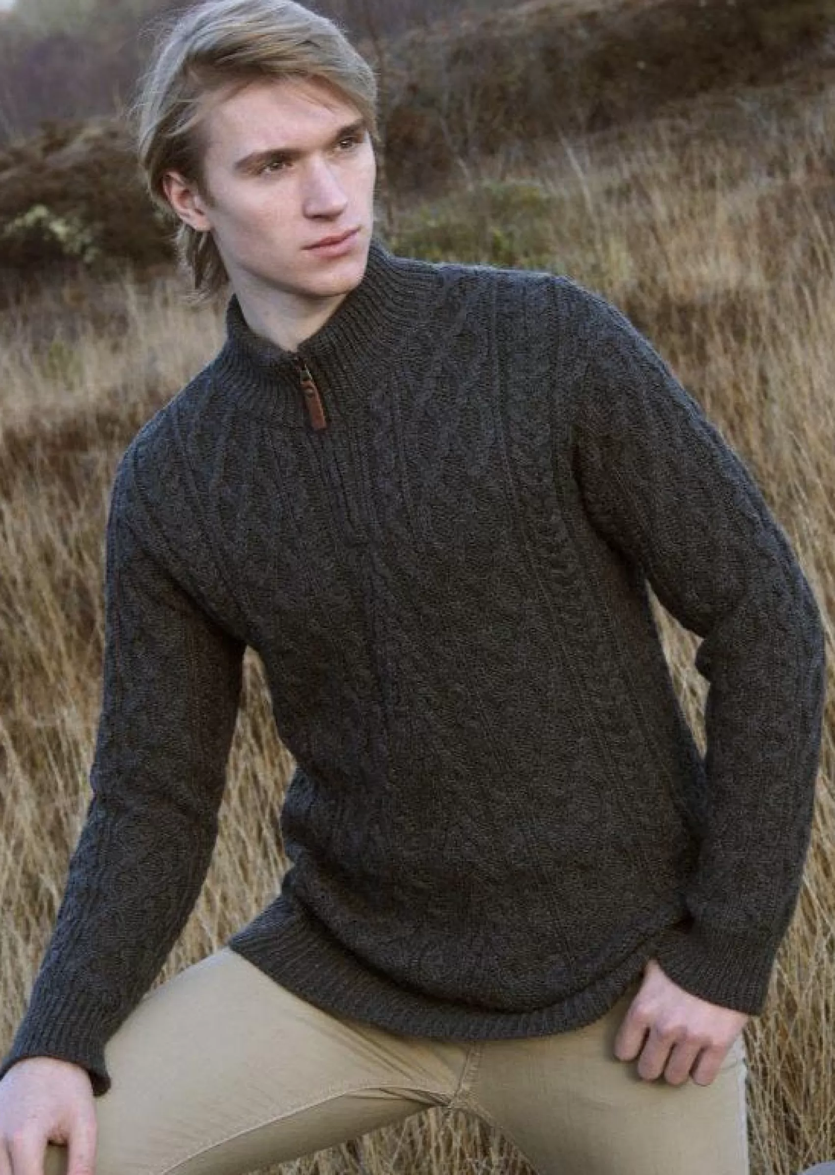 Aran Sweaters^Aran Crafts Men's Half Zip Sweater | Charcoal