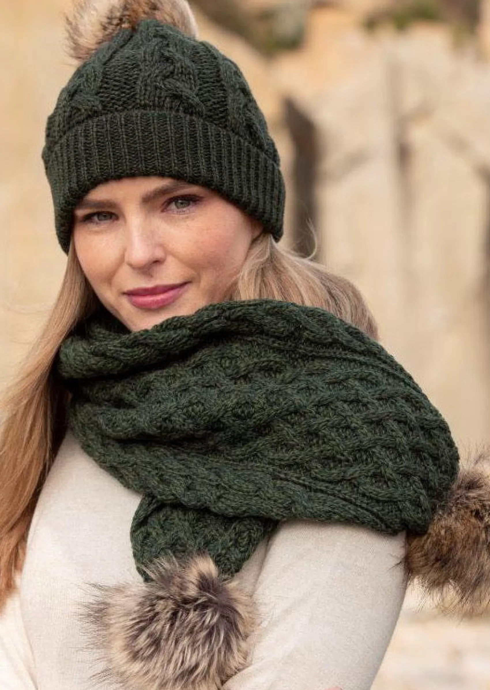 Scarves^Aran Crafts Pom Pom Scarf | Green