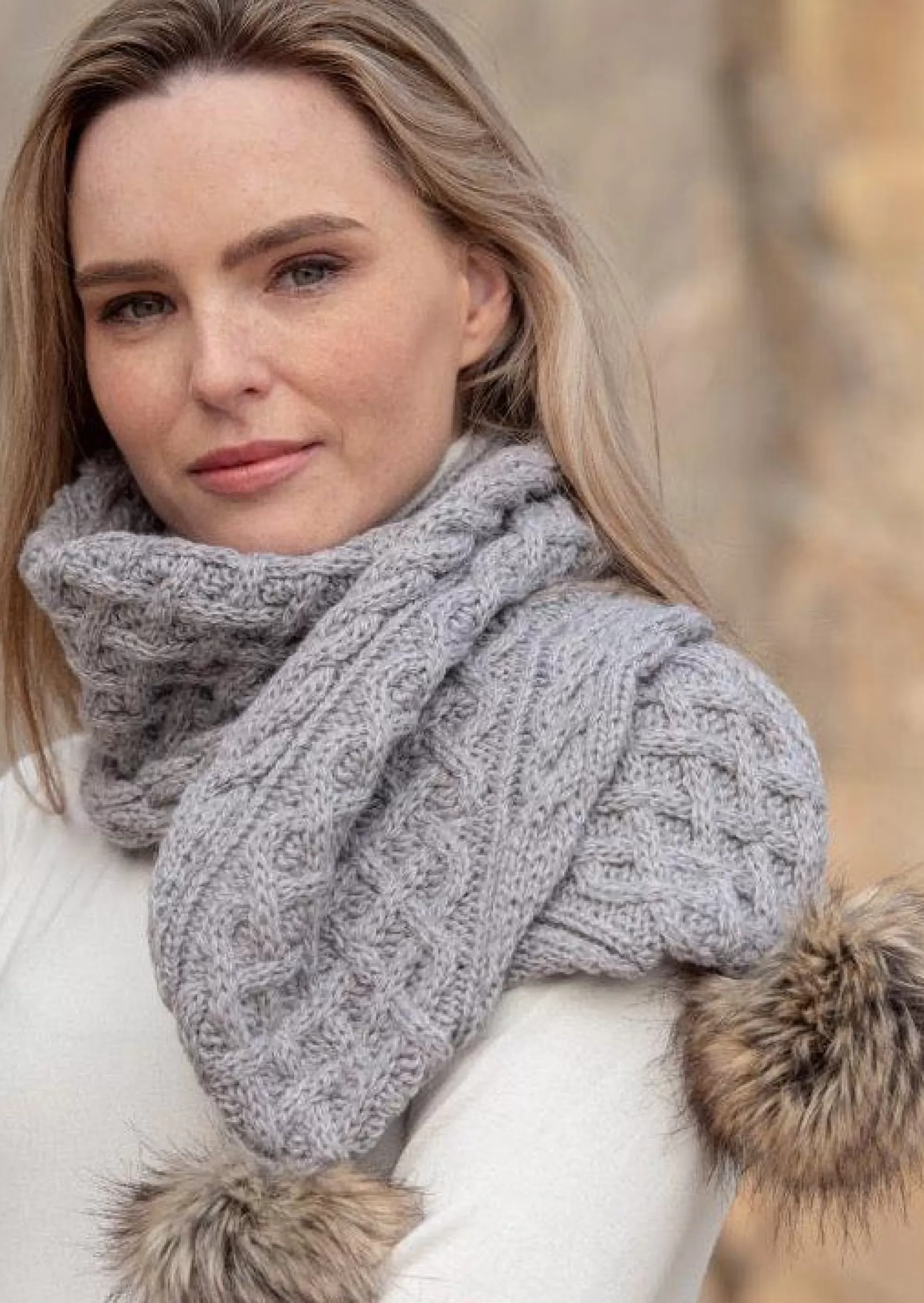 Scarves^Aran Crafts Pom Pom Scarf | Grey