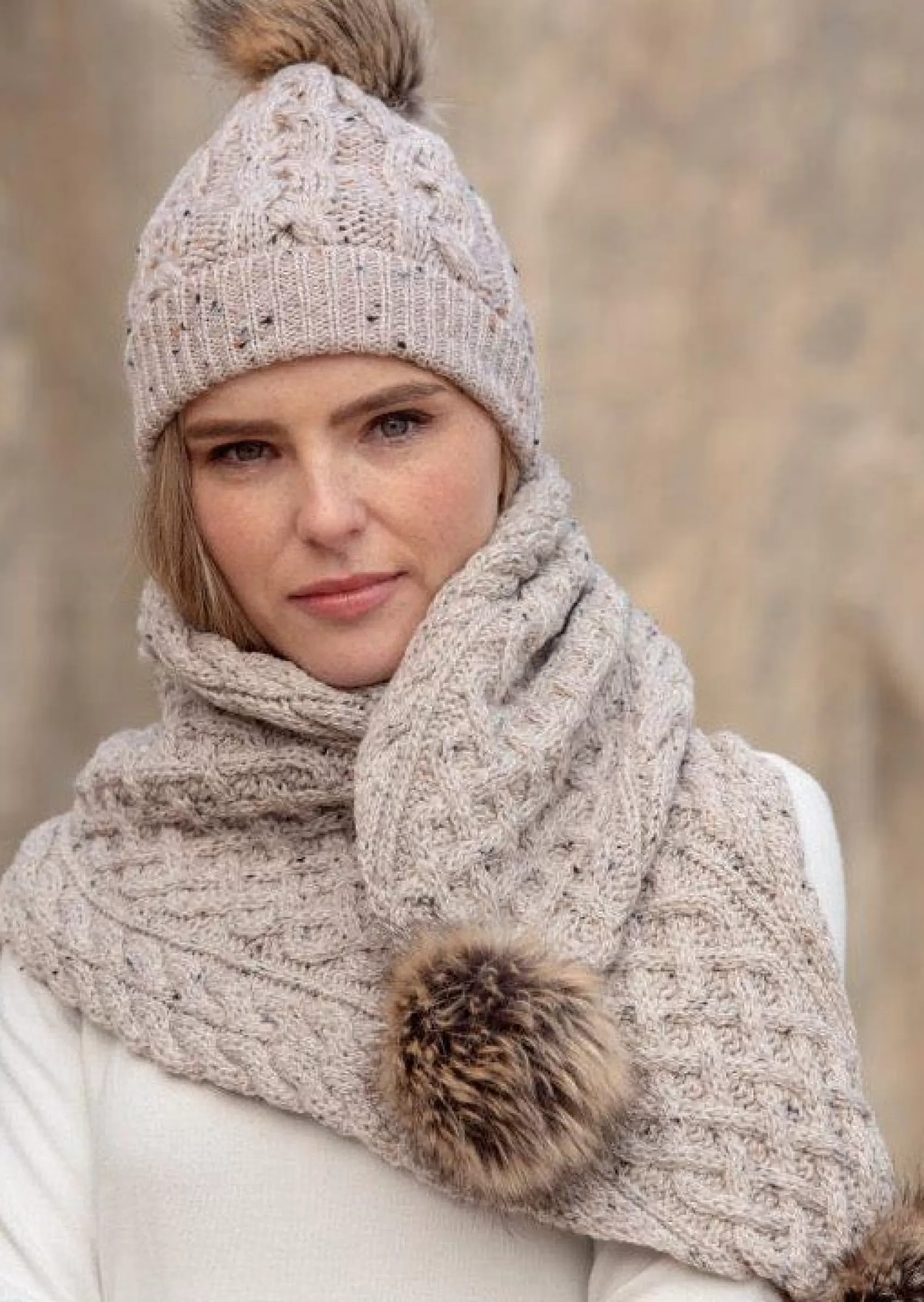 Scarves^Aran Crafts Pom Pom Scarf | Oatmeal