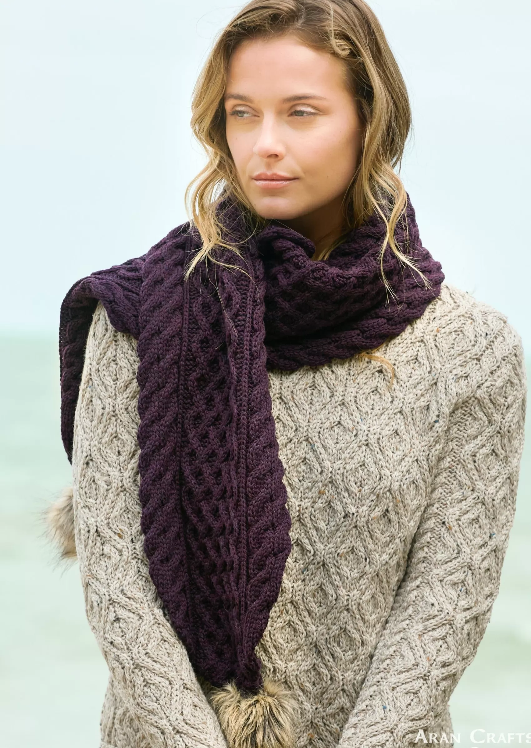 Scarves^Aran Crafts Pom Pom Scarf | Plum