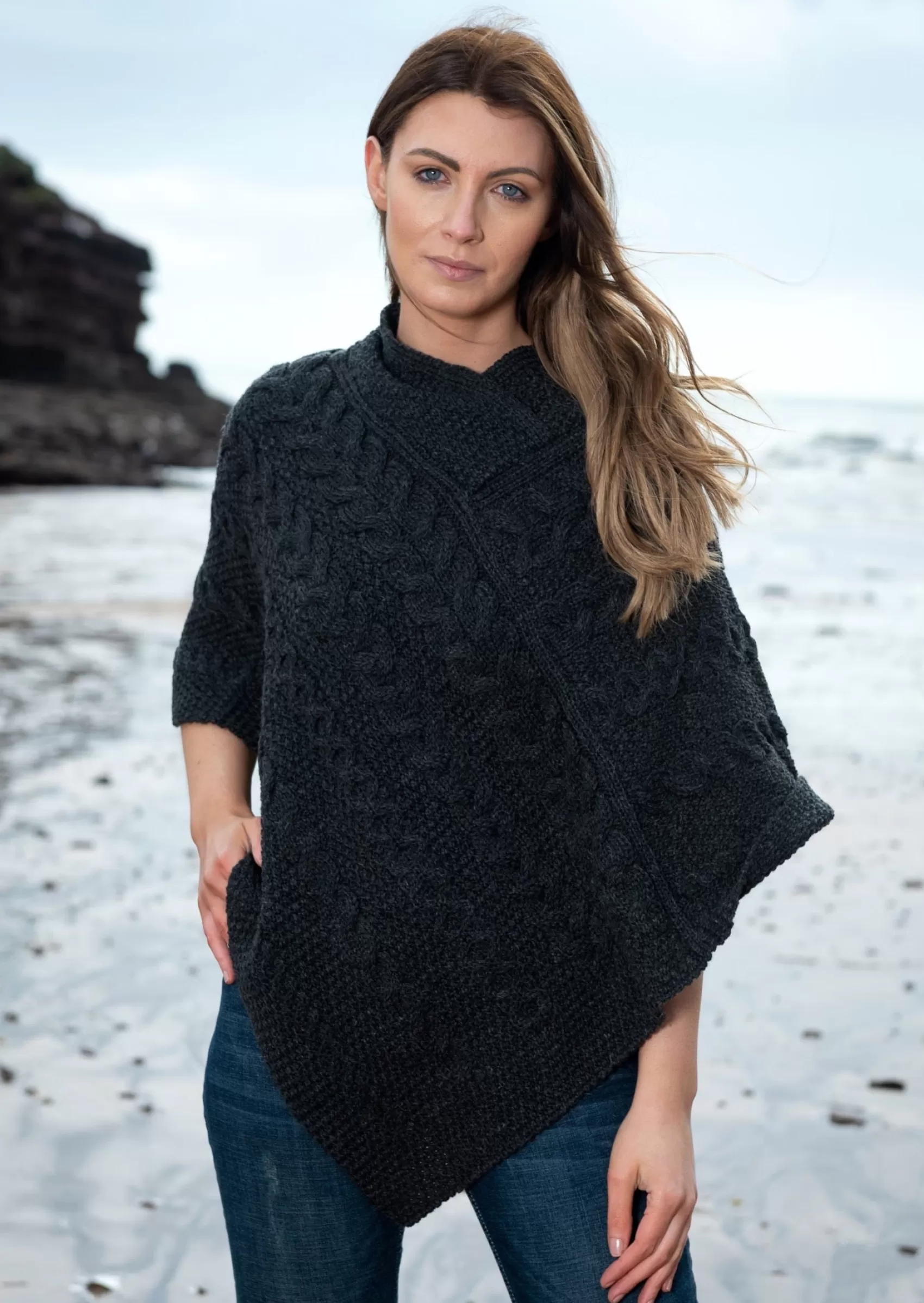 Ponchos / Capes / Shawls^Aran Crafts Poncho | Charcoal