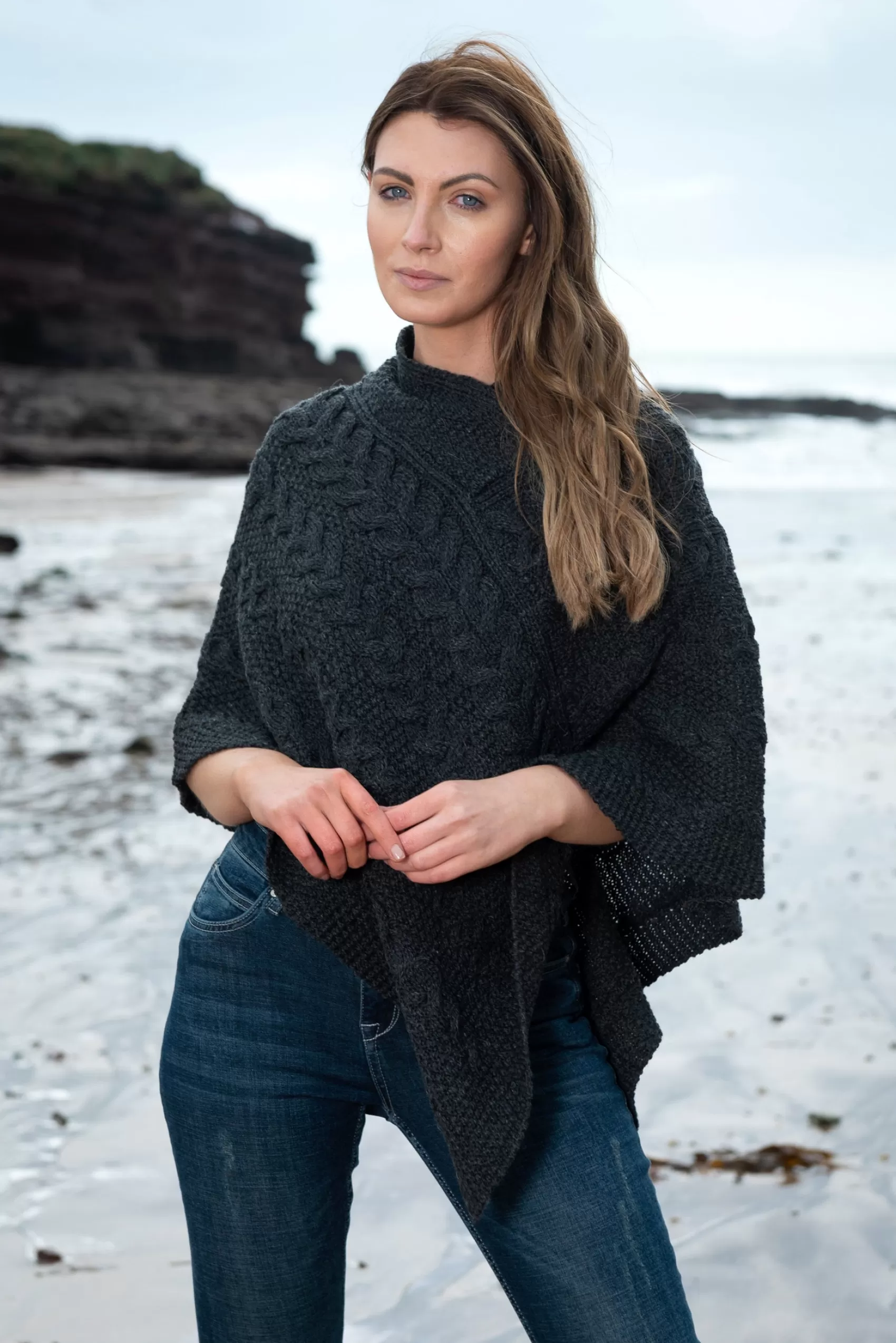 Ponchos / Capes / Shawls^Aran Crafts Poncho | Charcoal