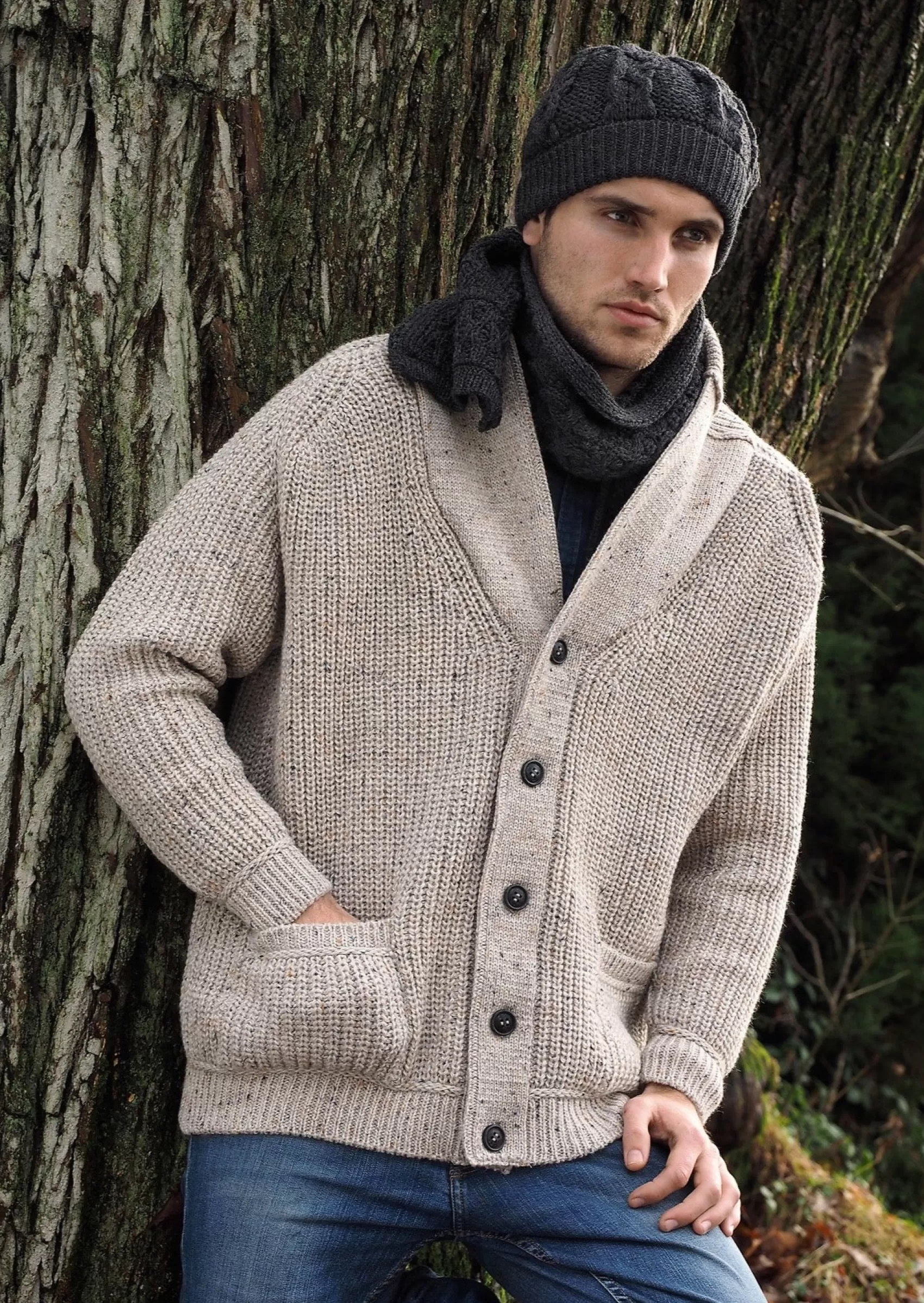 Aran Sweaters | Aran Cardigans^Aran Crafts Ribbed Gents Cardigan | Oatmeal