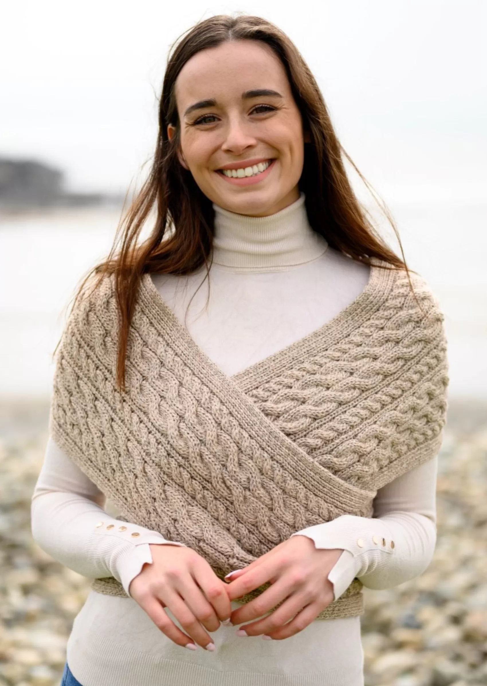 Aran Sweaters^Aran Woollen Mills Aran Crossover Wrap | Oatmeal